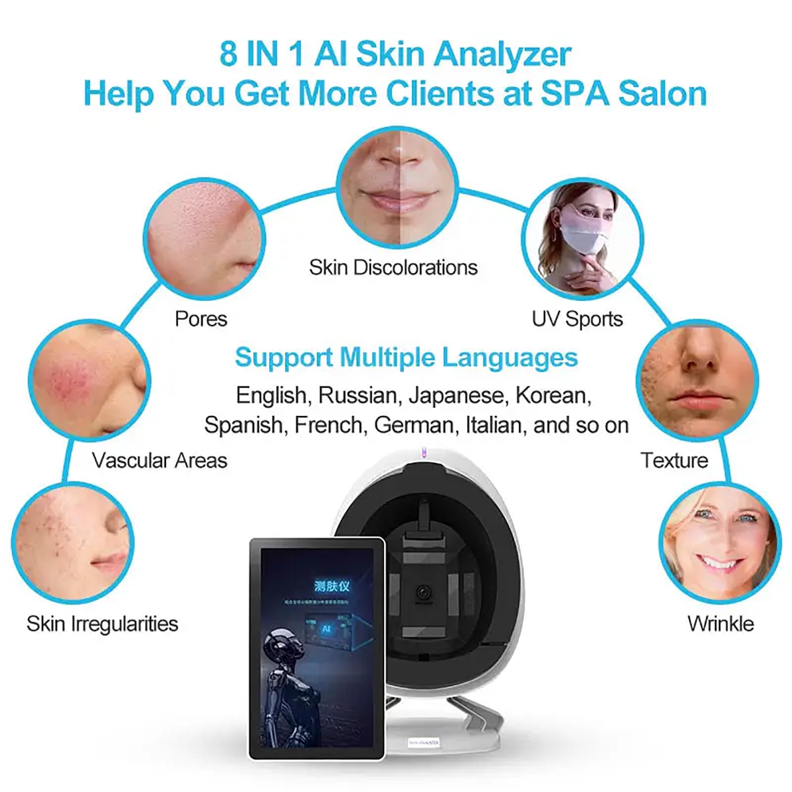 Analizador Detector Piel AI, Instrumento Análisis Facial con Detección 8 Espectros Y 17 Elementos,predicción Piel Simulada 3D Y Predicción Análisis Síntomas Piel,Informe Almacenamiento En Nube