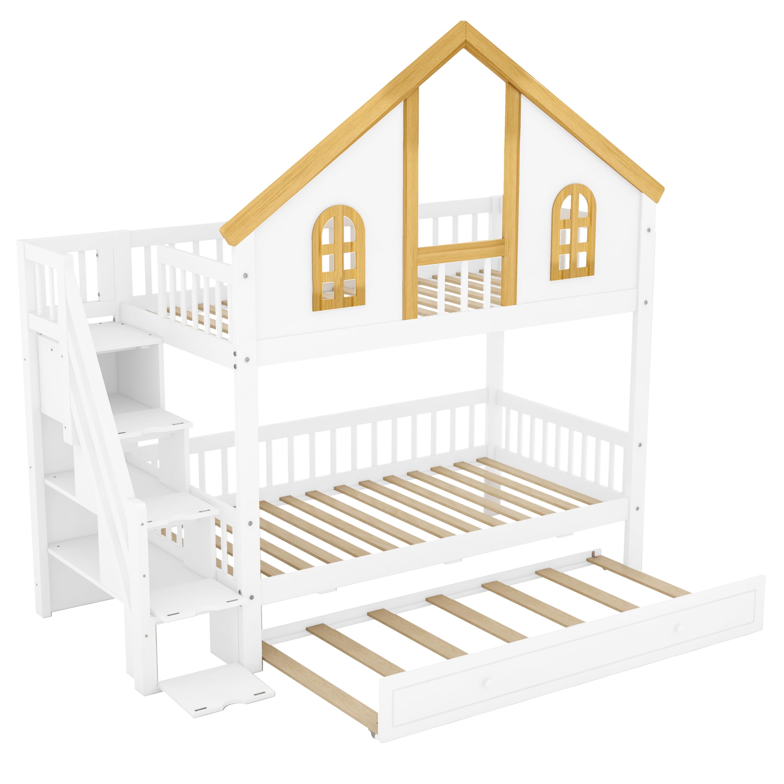 Diagram showing the dimensions of the SOFTSEA Twin Over Twin Bunk Bed with Storage Stairs and Trundle.