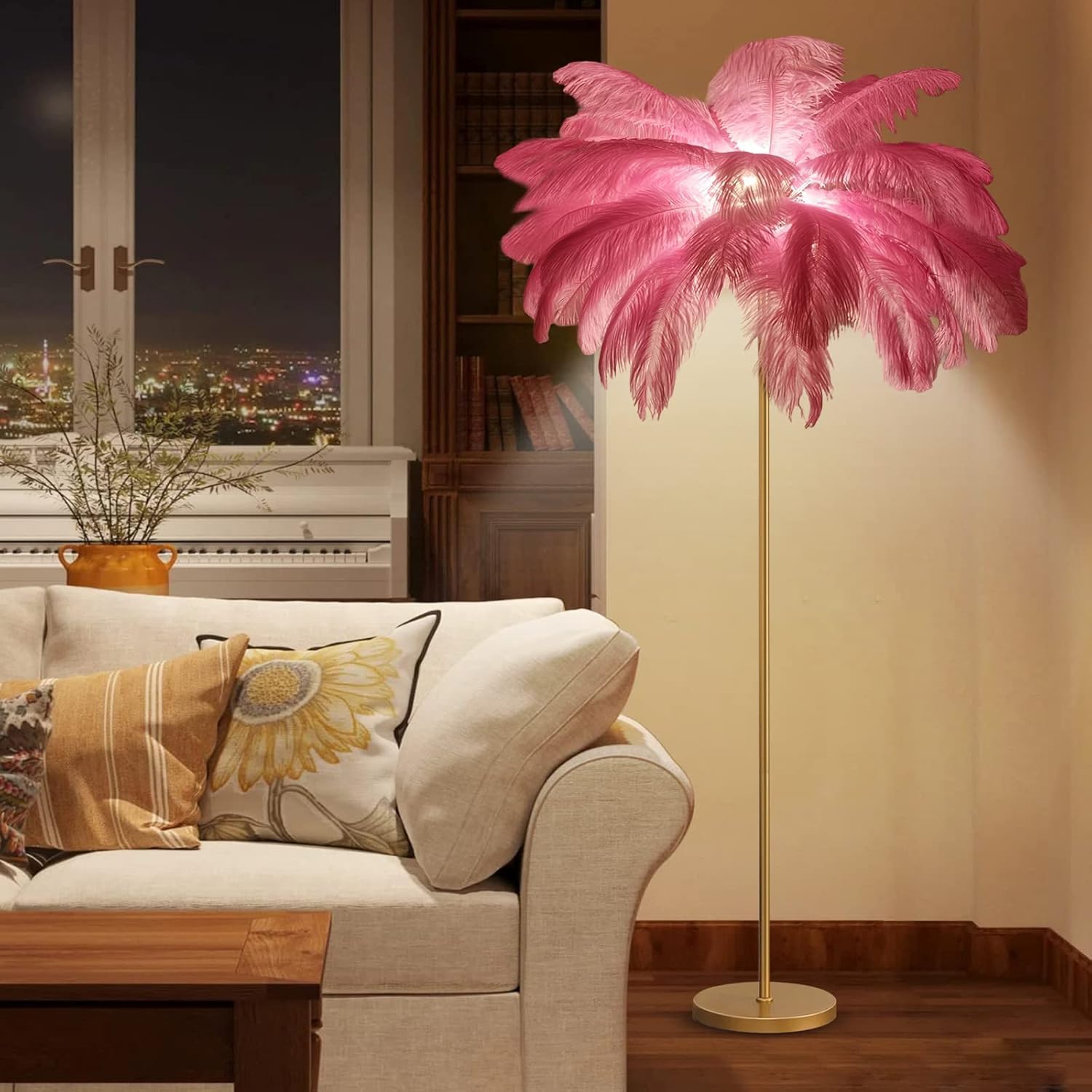 Atwnjkp Ostrich Feather Lamp,Natural Ostrich Feather Floor Lamp 62“ Tall Standing Lamp for Bedroom,Funky Pink Feather Light Gold Floor lamps Girl Bedroom Living Room Lamp for Nightstand Elegant Decor