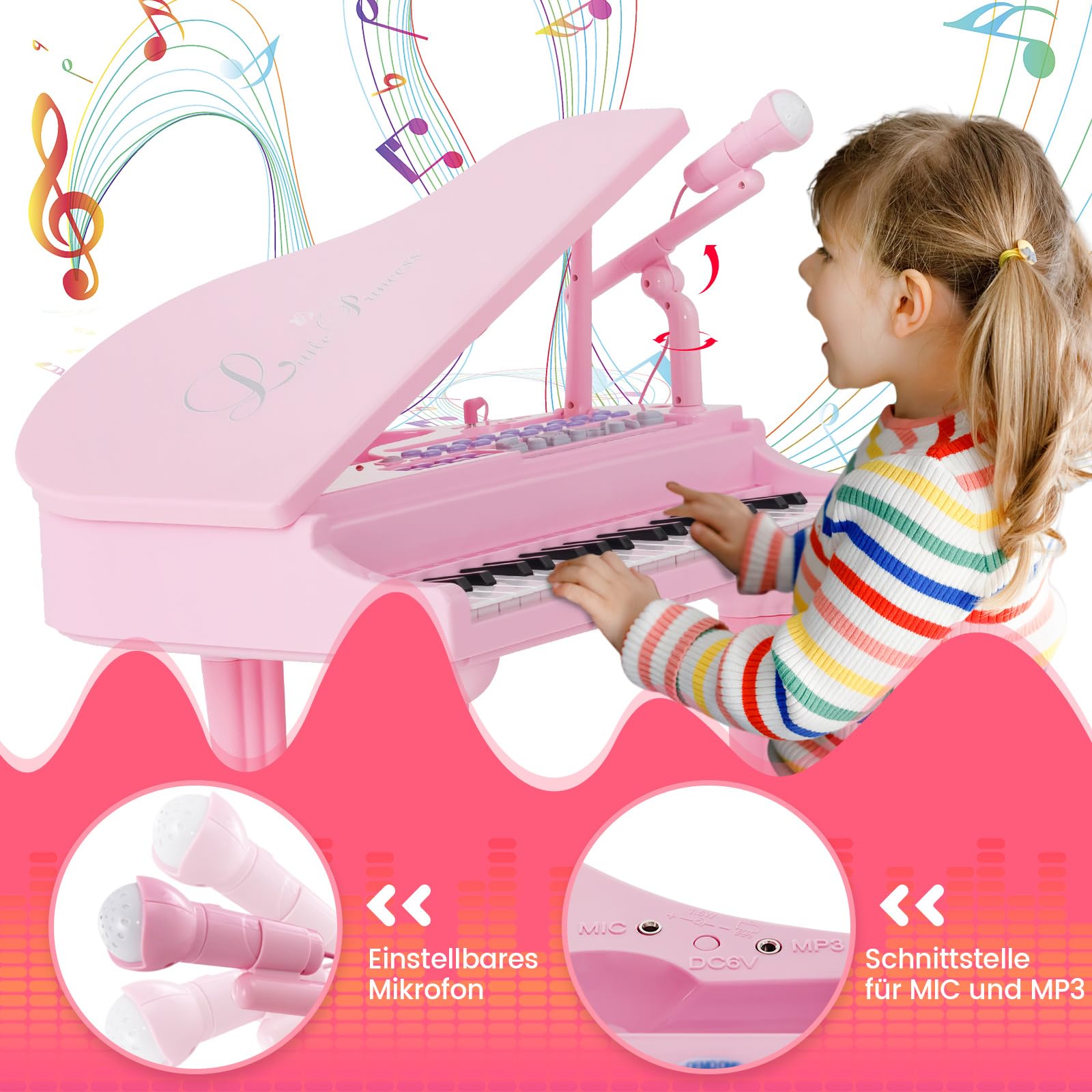 COSTWAY Kinder Keyboard mit 37 Tasten & Hocker, elektronische Klaviertastatur tragbar mit Mikrofon, LED-Lehrmodus, Aufnahme- & Wiedergabefunktion, Musikinstrument für Kinder ab 3 Jahre (Rosa)
