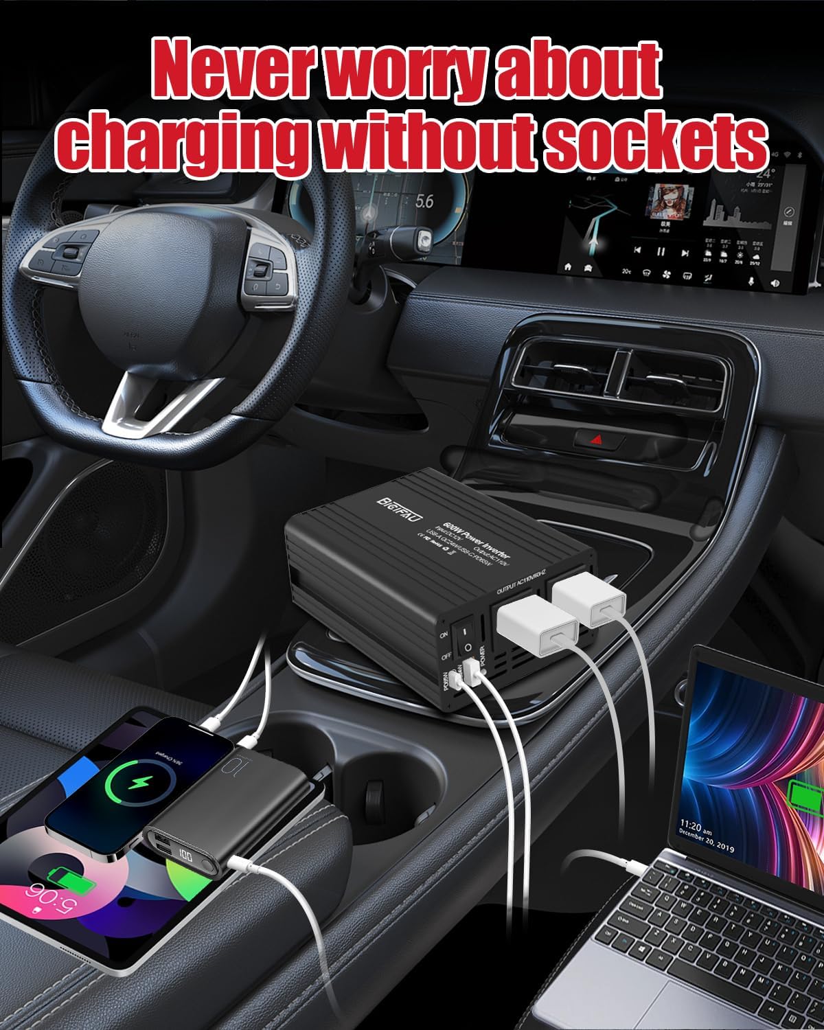 600W Inverter 12V to 110V, DC to AC Car Power Inverter for Vehicles with 65W USB-C Fast Charging 24W USB-A Dual AC Socket Adapter for Phone,Laptop,Road Trip,Long Drive,Camping
