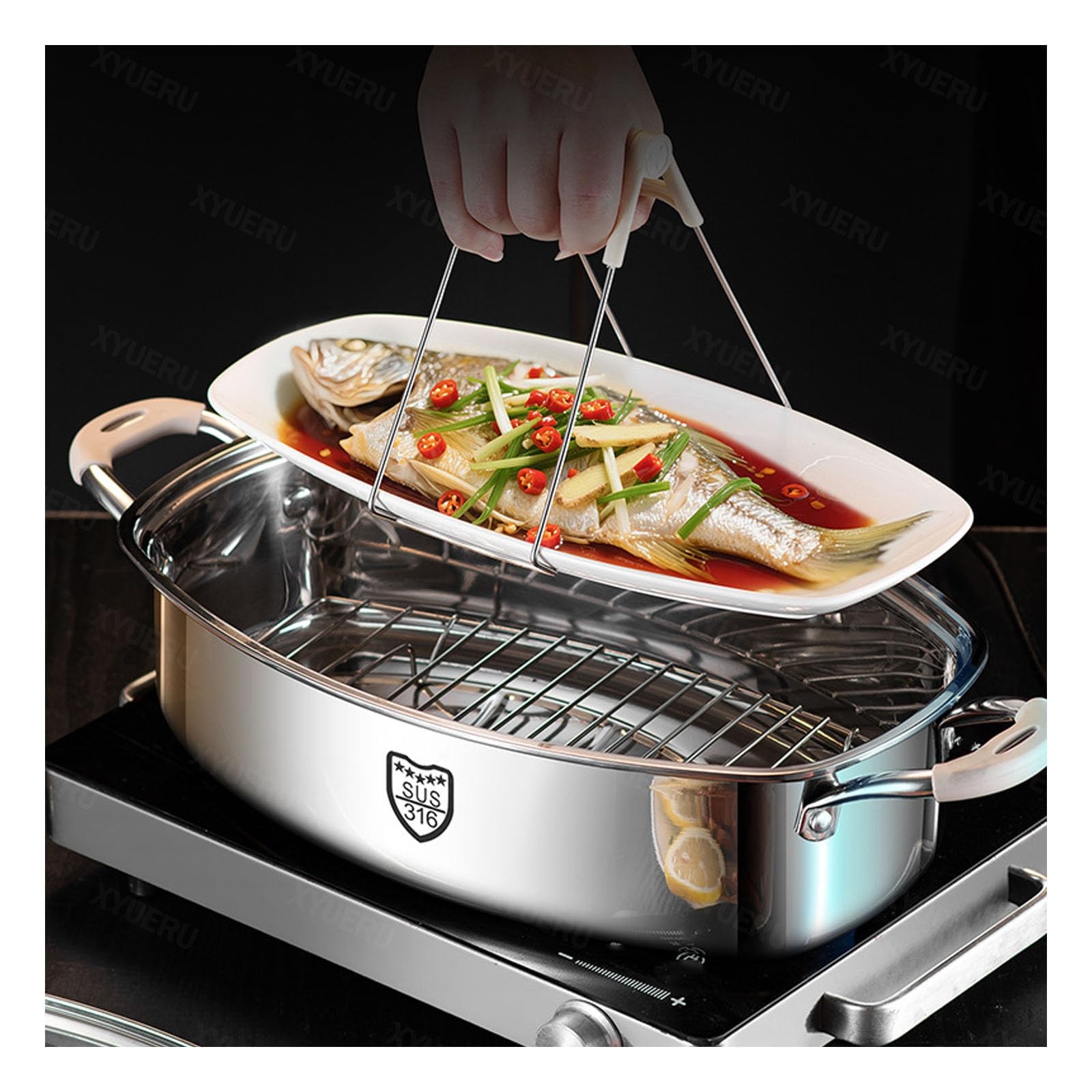 Pentola per pesce a vapore, in acciaio inox, ovale, con coperchio, pentola multiuso per cuocere a vapore pesce, zuppa bollente e frutti di mare