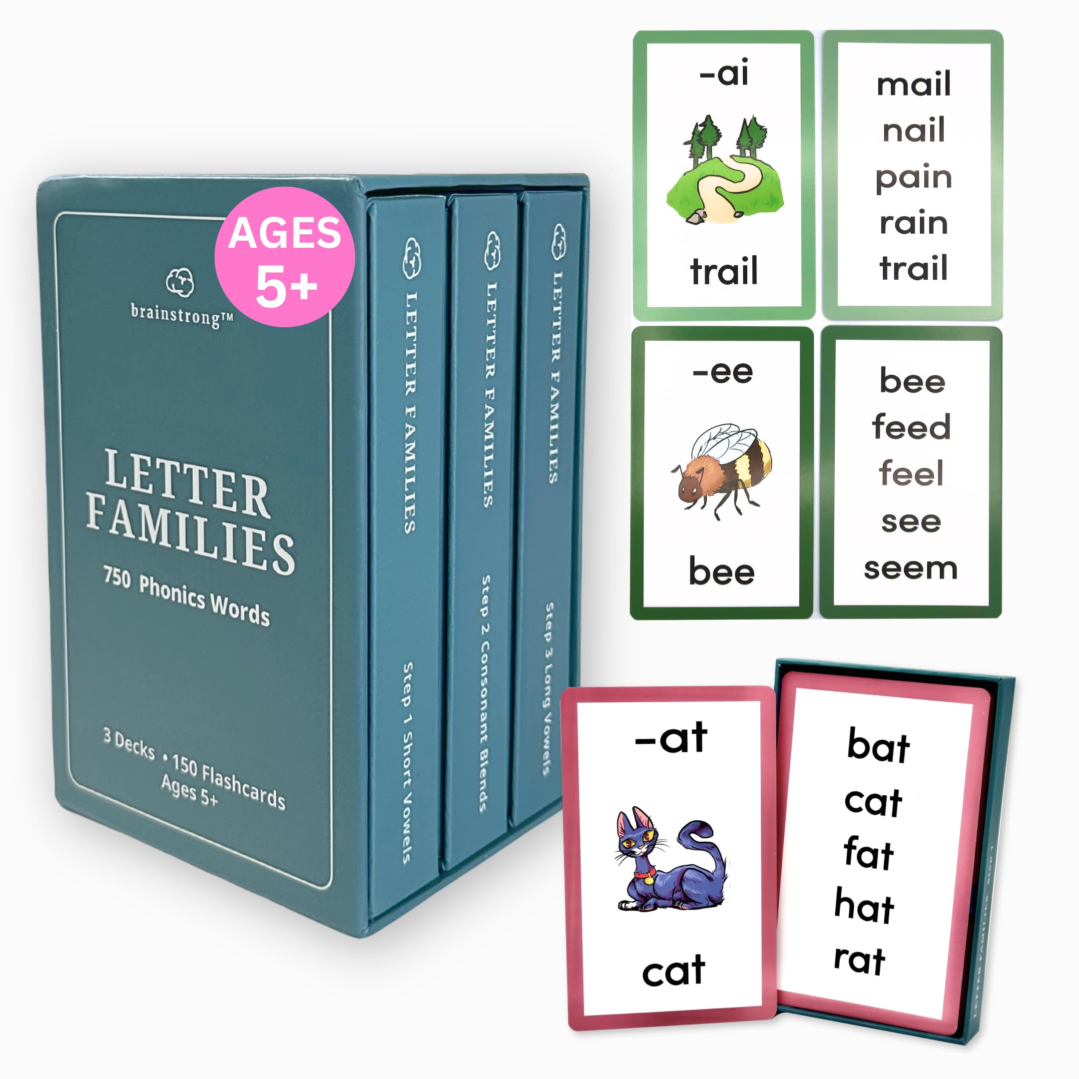 750 Phonics Words | Learn to Read Kindergarten 1st Grade | Reading Mastery for Ages 5-8 | Short/Long Vowels & Consonant Blends | Brainstrong Premium 3 Box Set | 150 Flashcards