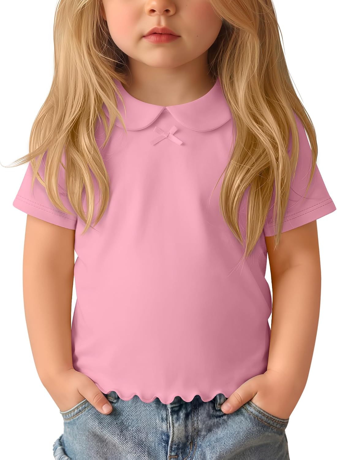Toddler Girls Short Sleeve Shirts Doll Collar Tops Baby Lettuce Trim Cute Blouse with Bow Kids Solid Casual Tees
