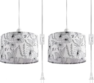 IHENGYANLT 2 Pack Plug-in Pendant Lights with 15FT Adjustable Cord, Flower Fabric Shade, On/Off Switch - Kitchen Island, Bedroom Hanging Fixture