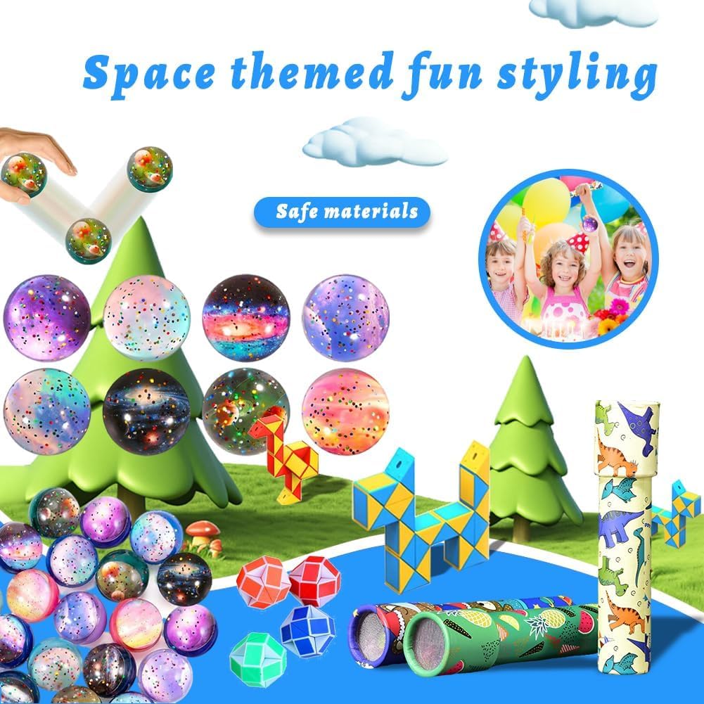 Cadeaux de Fête d'Anniversaire pour Enfants, 36 Pièces Set, 12 Kaléidoscopes pour Enfants, 12 Balles Thème Espace, 12 Serpents Magiques en Cube, Cadeaux d'Enfants pour Anniversaire, Noël et Fêtes