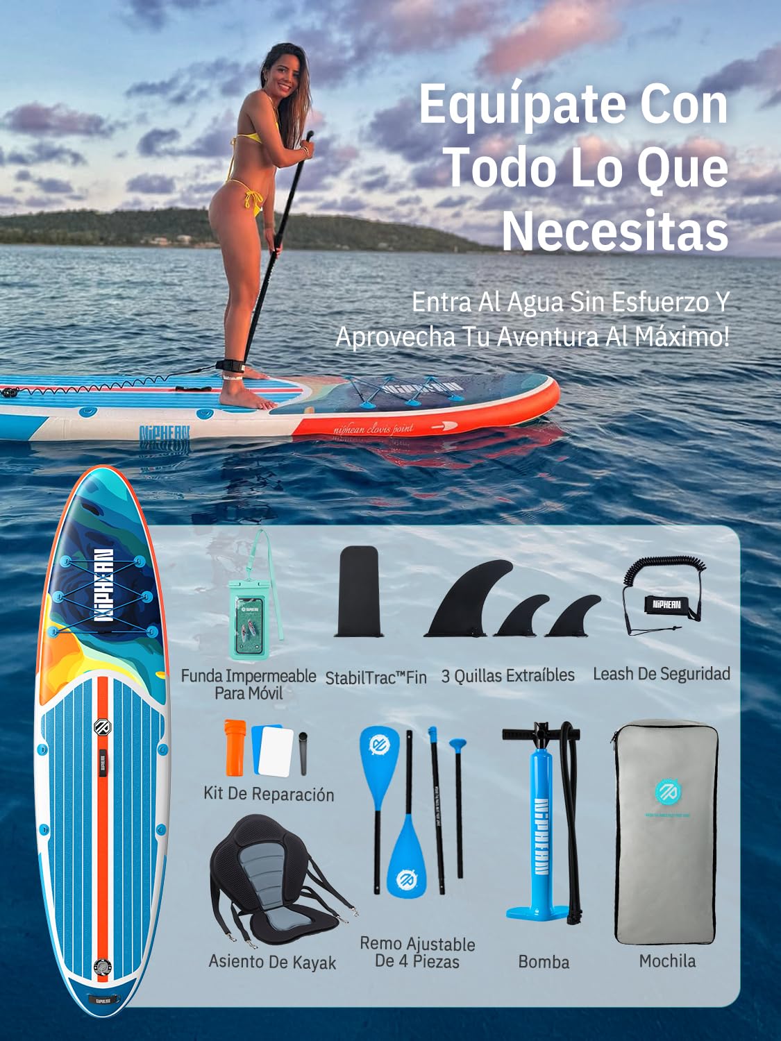 Niphean Tabla Paddle Surf Hinchable con Accesorios 320cm Sup | Capacidad de 200kg, Tabla Paddle Surf Rígida, Antideslizante, Kit Reparación, Adultos, Jóvenes, Principiantes, Yoga