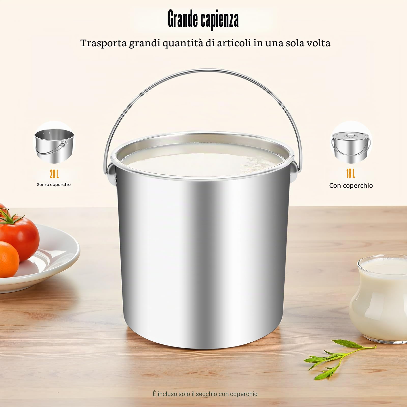 Secchi in acciaio inox con coperchio, 6/12/20 l, per alimenti, secchi da cucina, per latte, per cereali, contenitori per riso, farina e cereali (20L)