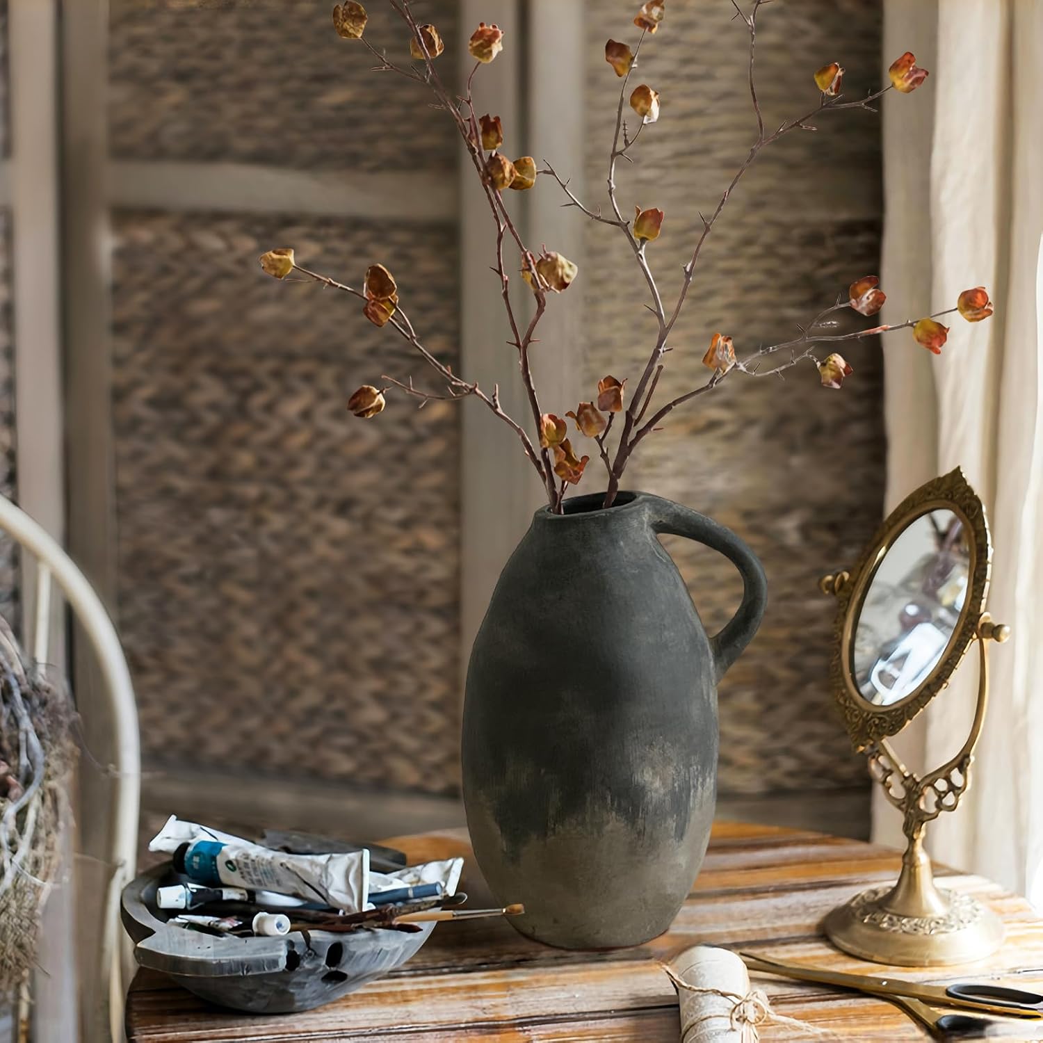 Rustic Ceramic Vase with Handle, Farmhouse Handmade Pottery Vase, Vintage Rustic Vase for Living Room, Kitchen, Home Decor, Thanksgiving, Centerpieces - 9.6 Inch