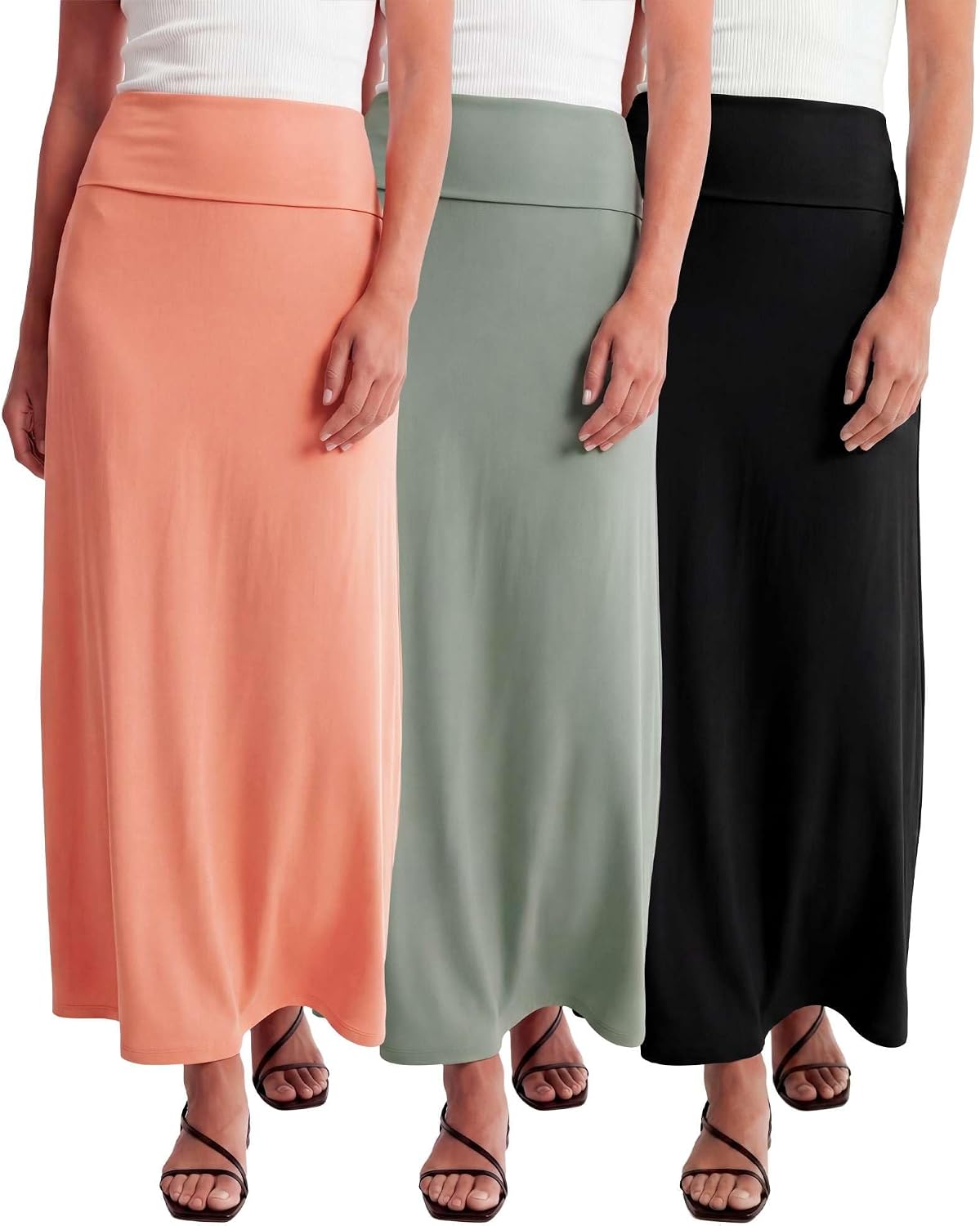 Real Essentials 3 Pack: Women's Ultra-Soft Flowy Maxi High Waisted Long Skirts (Available in Plus Size)