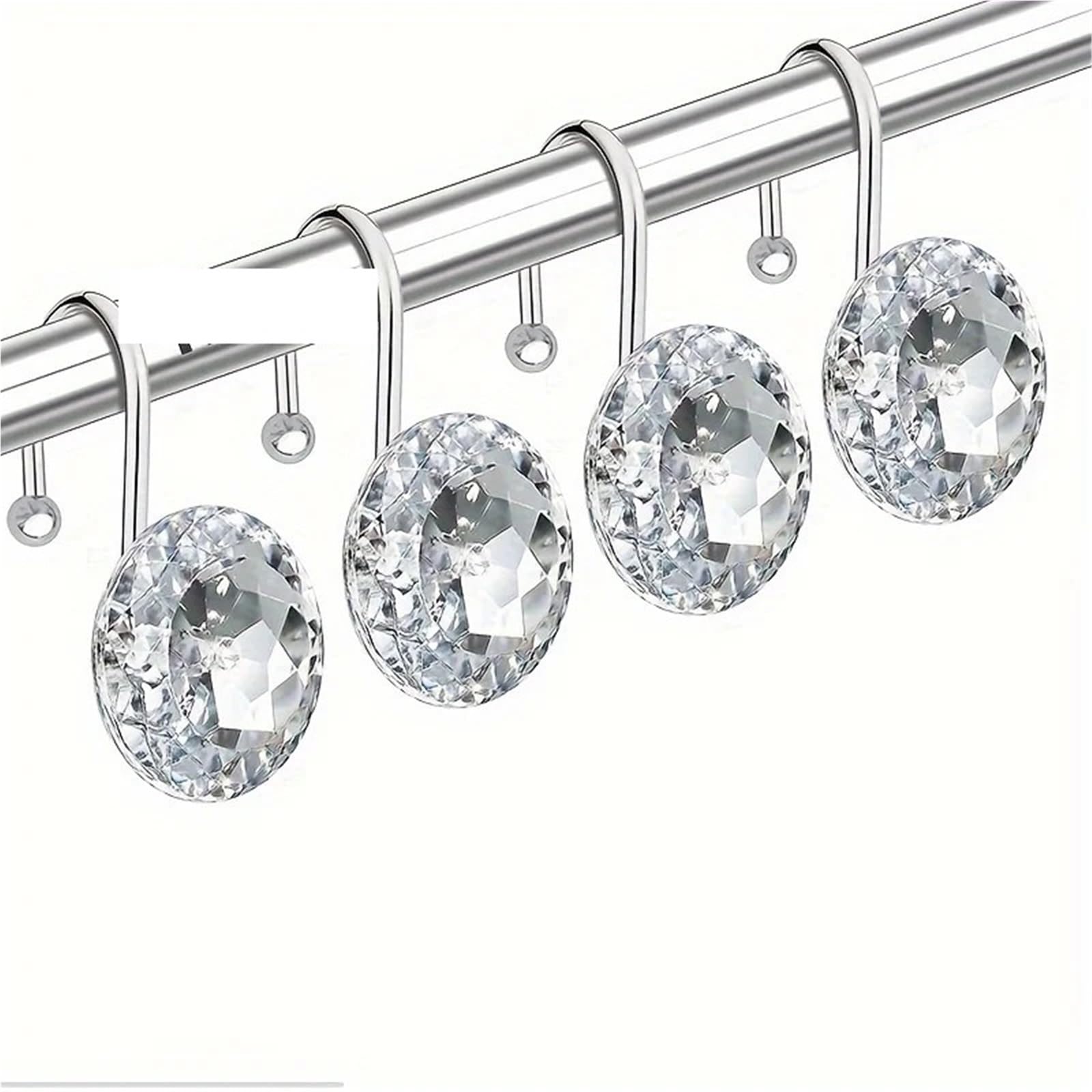 Shower Curtain Hooks 12PCS Stainless Steel Decorative Hooks, Crystal Rhinestone Design, Silent Sliding Hangers For Garments