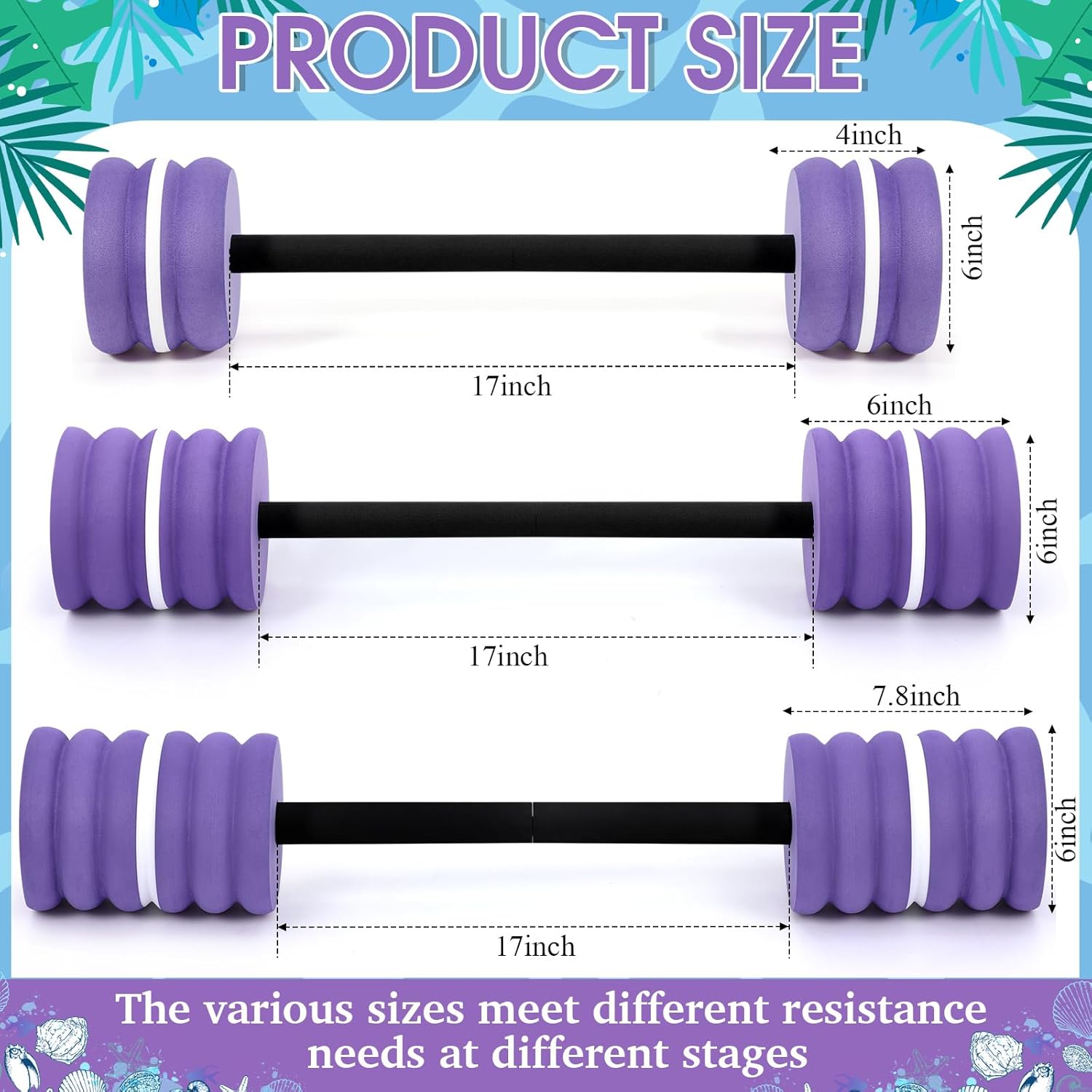 Soulchen 3 Pcs Long Aquatic Exercise Dumbbells Swim Barbells 25'' 29'' 33'' Foam Water Weight Dumbbell Pool Barbells with High Density EVA Foam for Swim Water Aerobics Fitness Loss