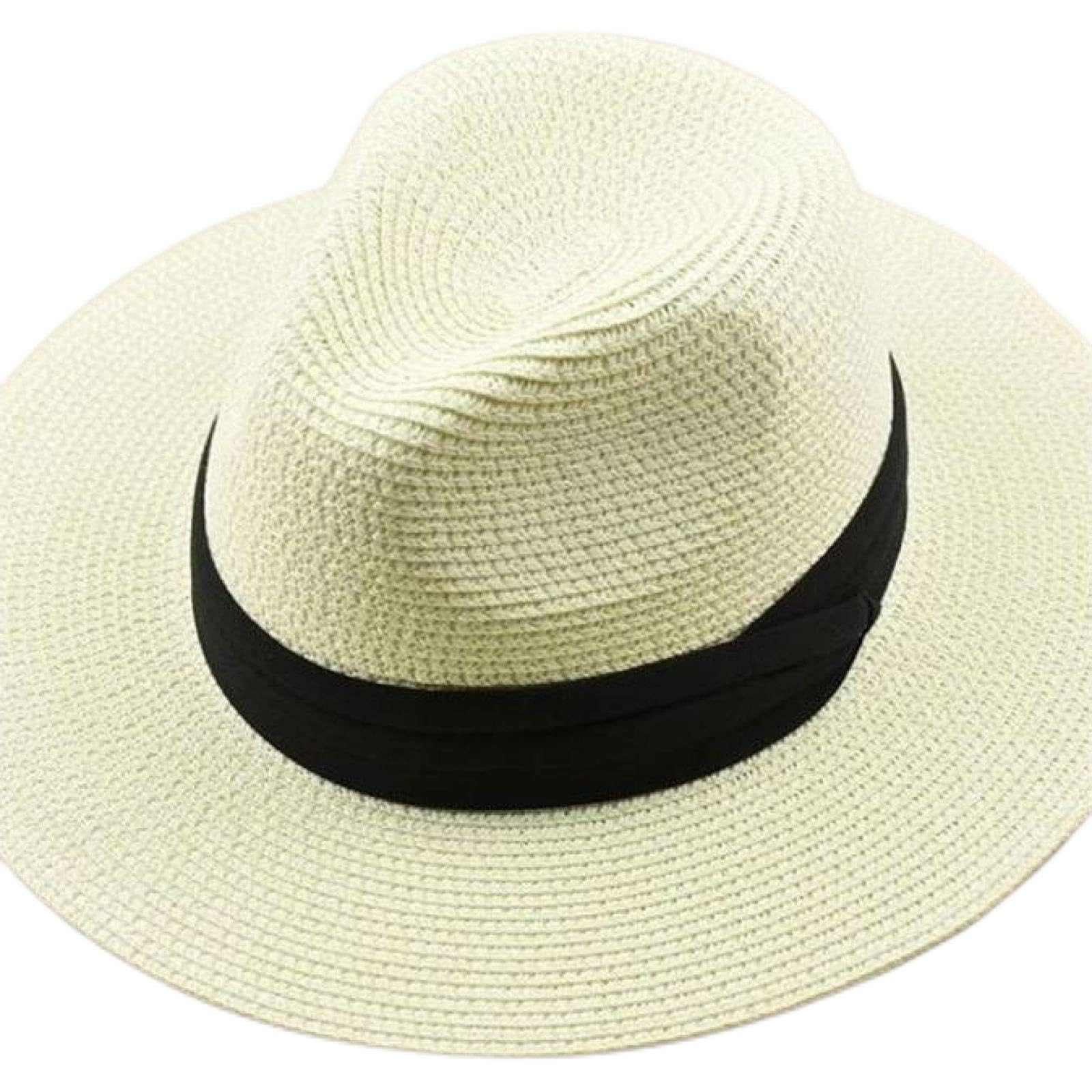 LUOLUOSM Sombrero de paja para hombre, sombrero de panamá para la playa, 61/62/63/64 cm, con cuerda resistente al viento, crema, 61-64cm