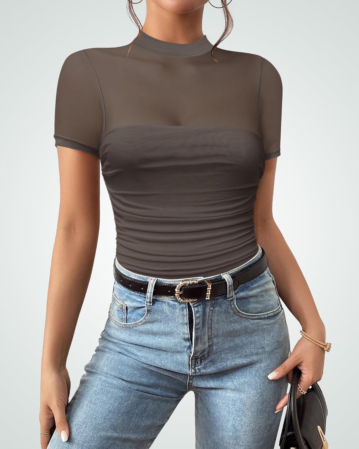 Women's Mesh Sexy Mock TurtleNeck Bodysuits Short Sleeve Shirt Ruched Sheer Body suit Summer Trendy Going Out Tops - Image 8