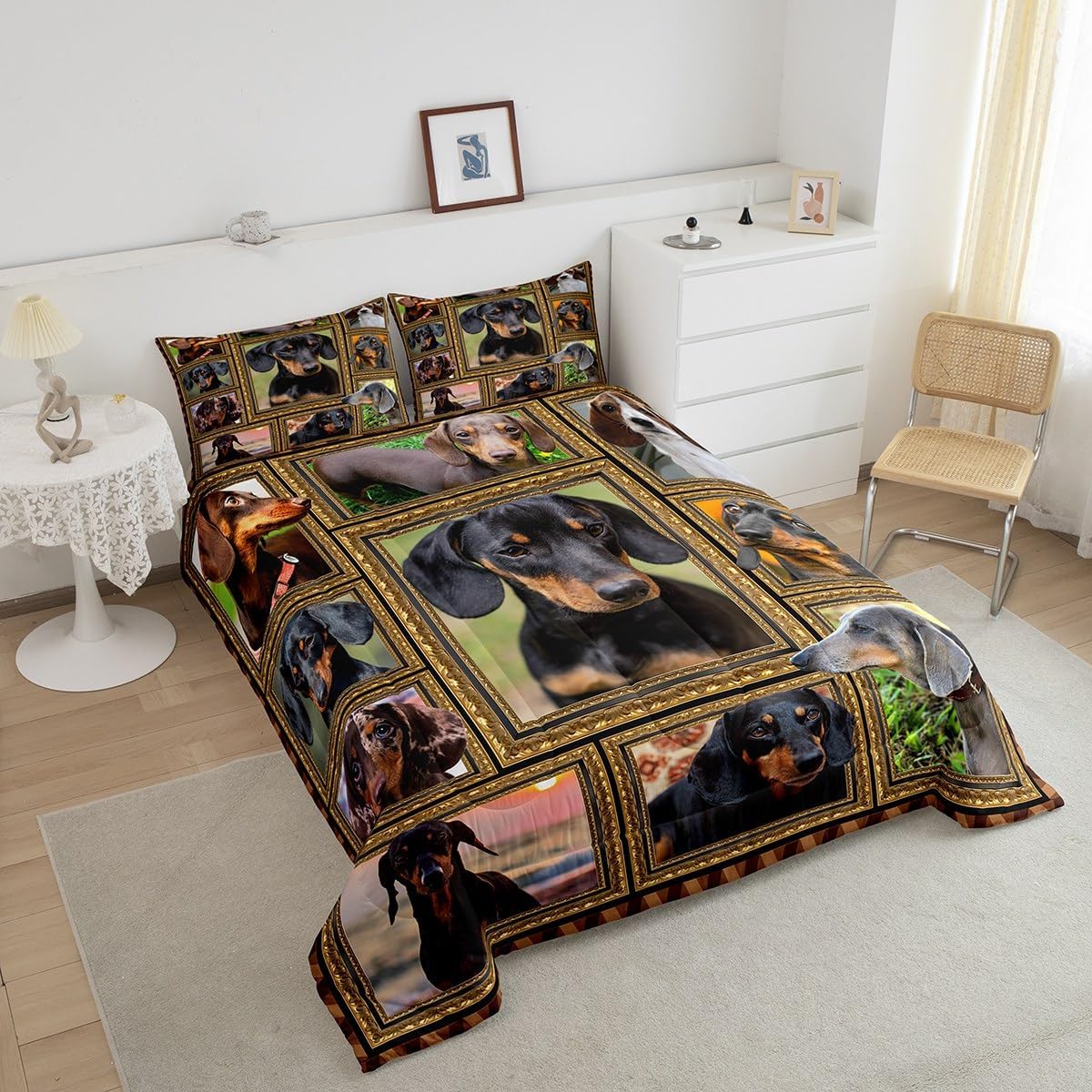 Feelyou Dachshund Comforter Set Queen Size Cute Dog Puppy Comforter for Kids Teens Adults Dachshund Lover Gift Bedding Set Dog Lover Quilt Set Room Decor 3Pcs with 2 Pillow Case