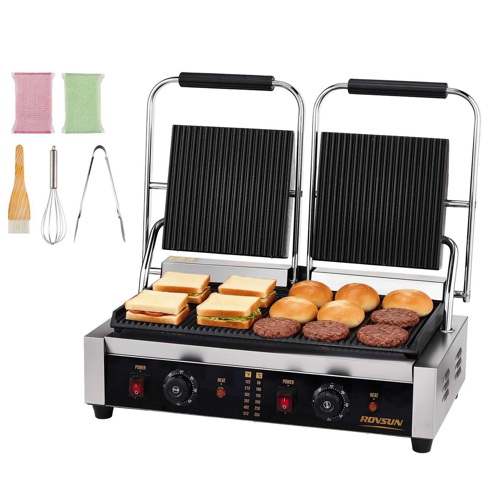 ROVSUN 813 Commercial Panini Press Grill, 3600W Stainless Steel Electric Countertop Sandwich Maker with Adjustable Temp 122°F–572°F, For Steak, Burgers, Home &amp; Restaurant Use, 110V, Silver