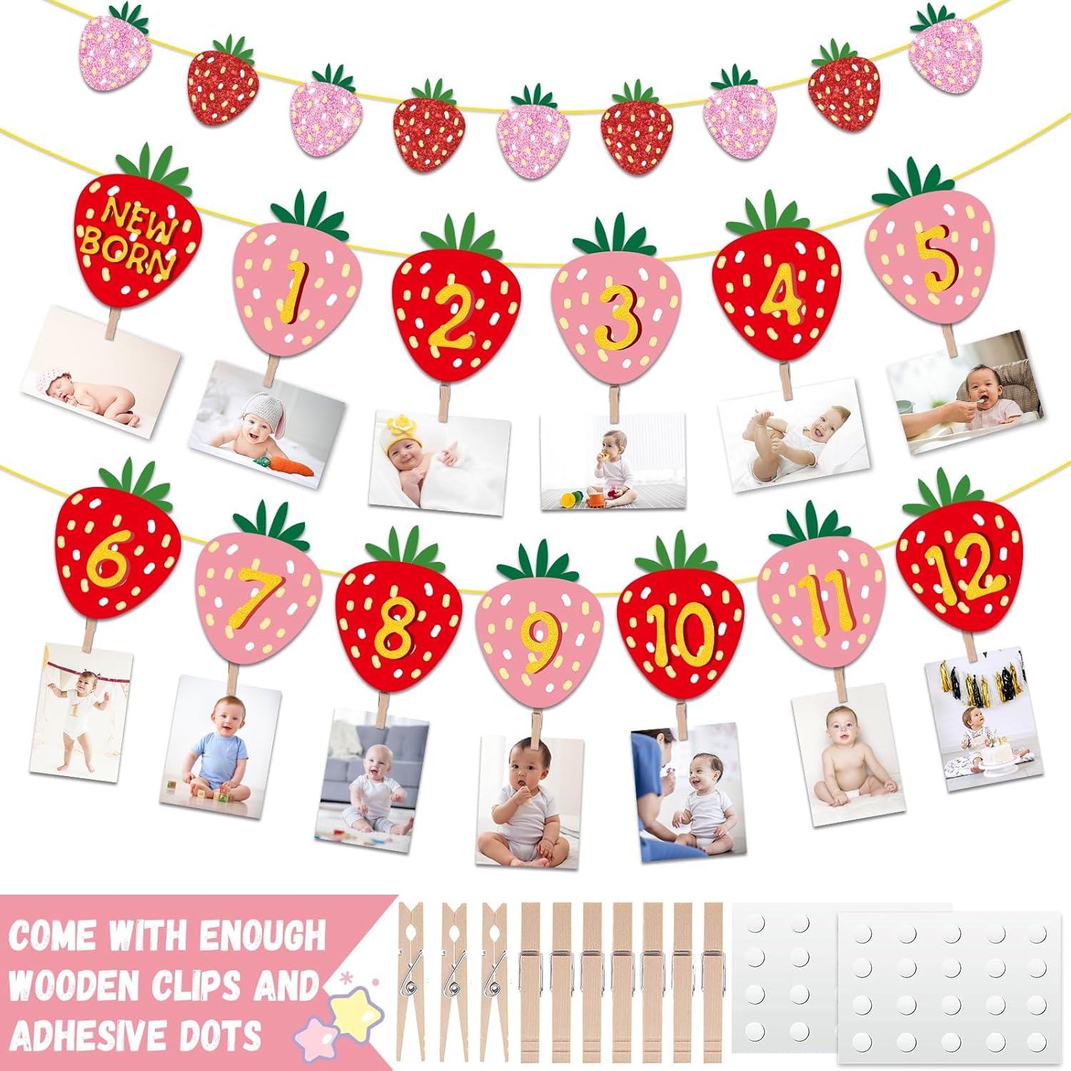 Strawberry First Birthday Party Decoration Berry 1st Monthly Photo Banner Milestone Photograph Bunting Garland for Baby Girl 12 Months Photo Display Baby Shower Birthday Party Decorations Supplies - Image 2