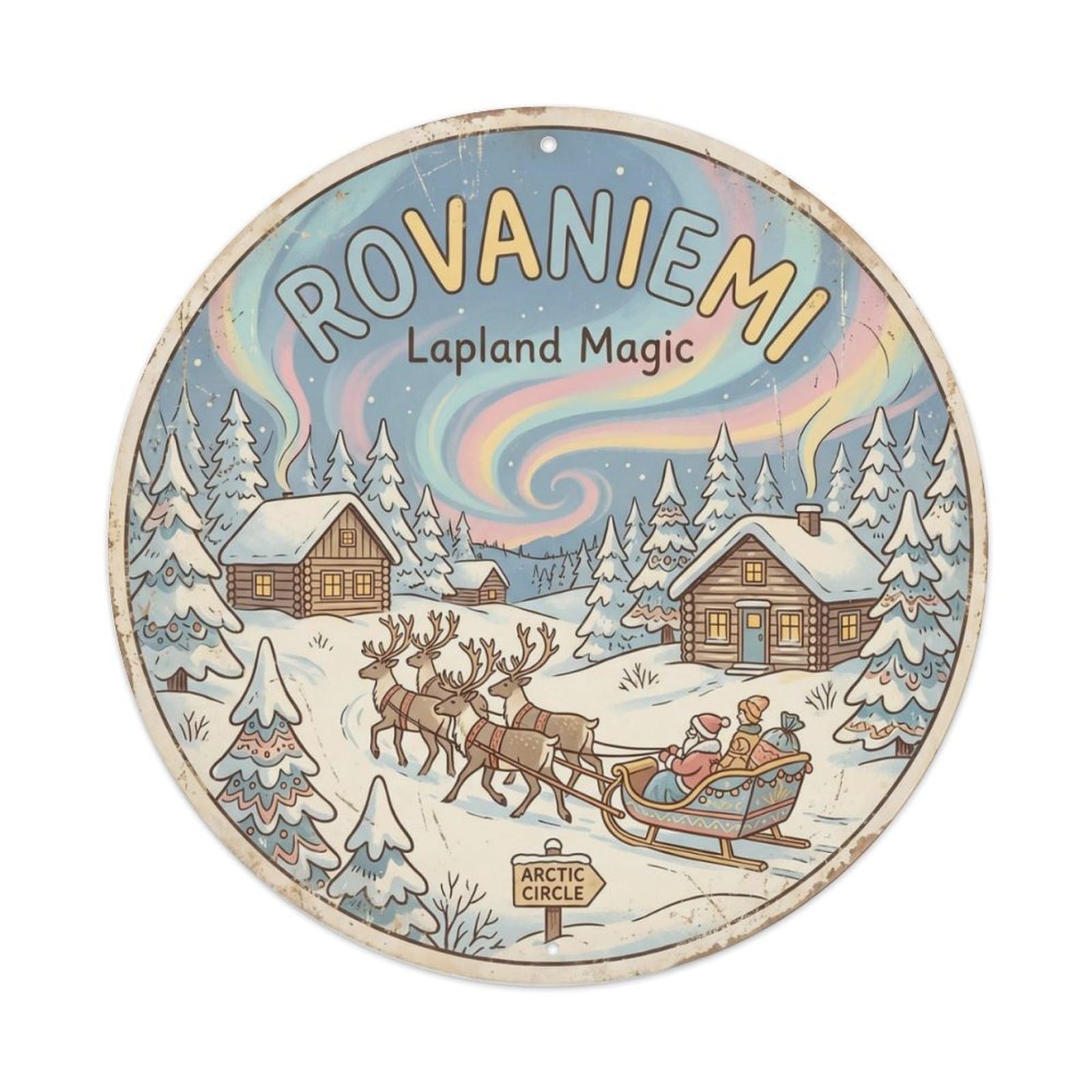 Vintage Travel Rovaniemi Finland Lapland Metal Tin Sign Plaque Wall Decor for Cafe, Club Bar, Office, Home Garden Round Metal Poster 8x8Inch