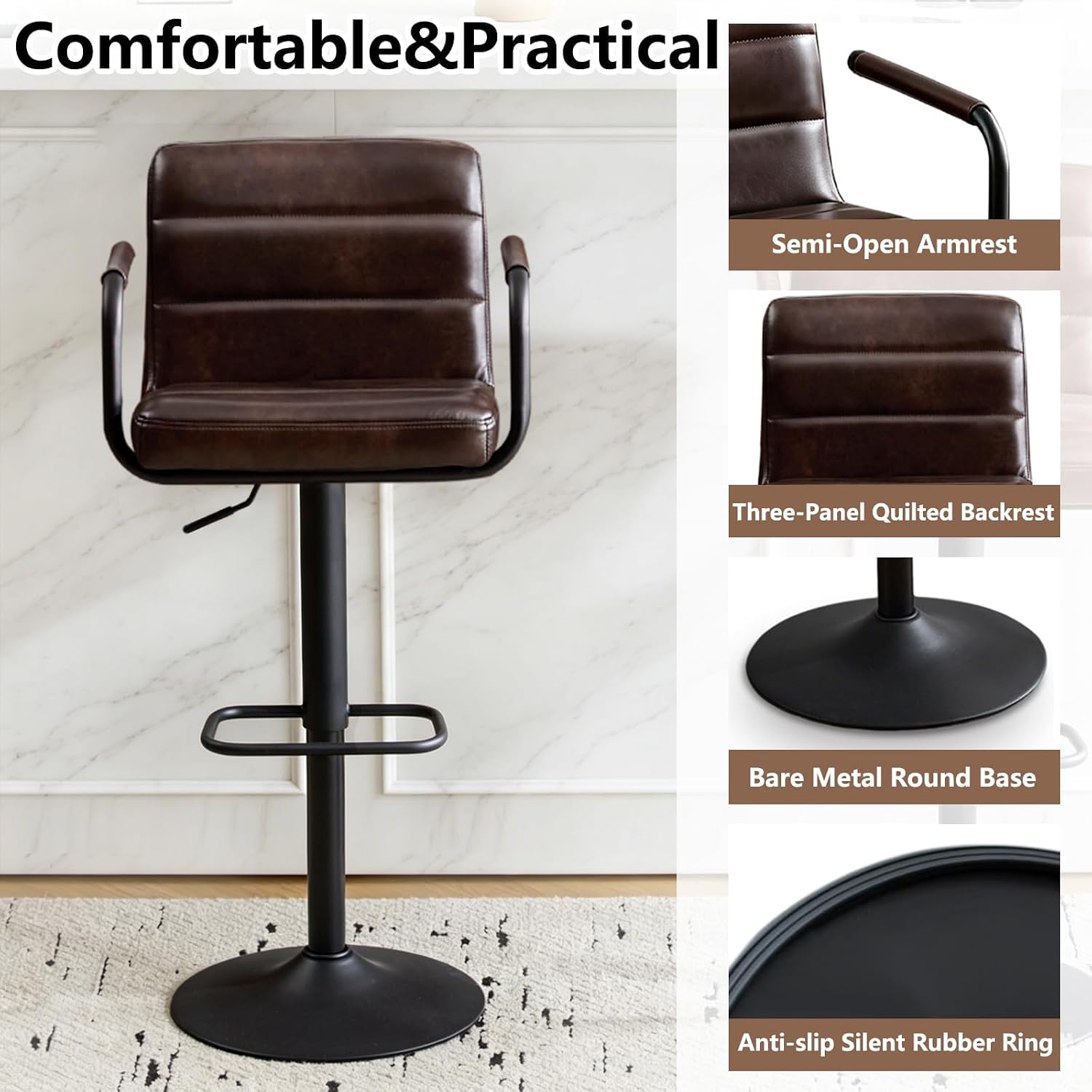 Adjustable PU Leather Swivel Bar Stools Set of 2 with Armrests | 360° Swivel, Anti‑slip, Upholstered, Industrial Style, Counter Height, Armrests &Footrest, Kitchen Island, Bar, Dining Room