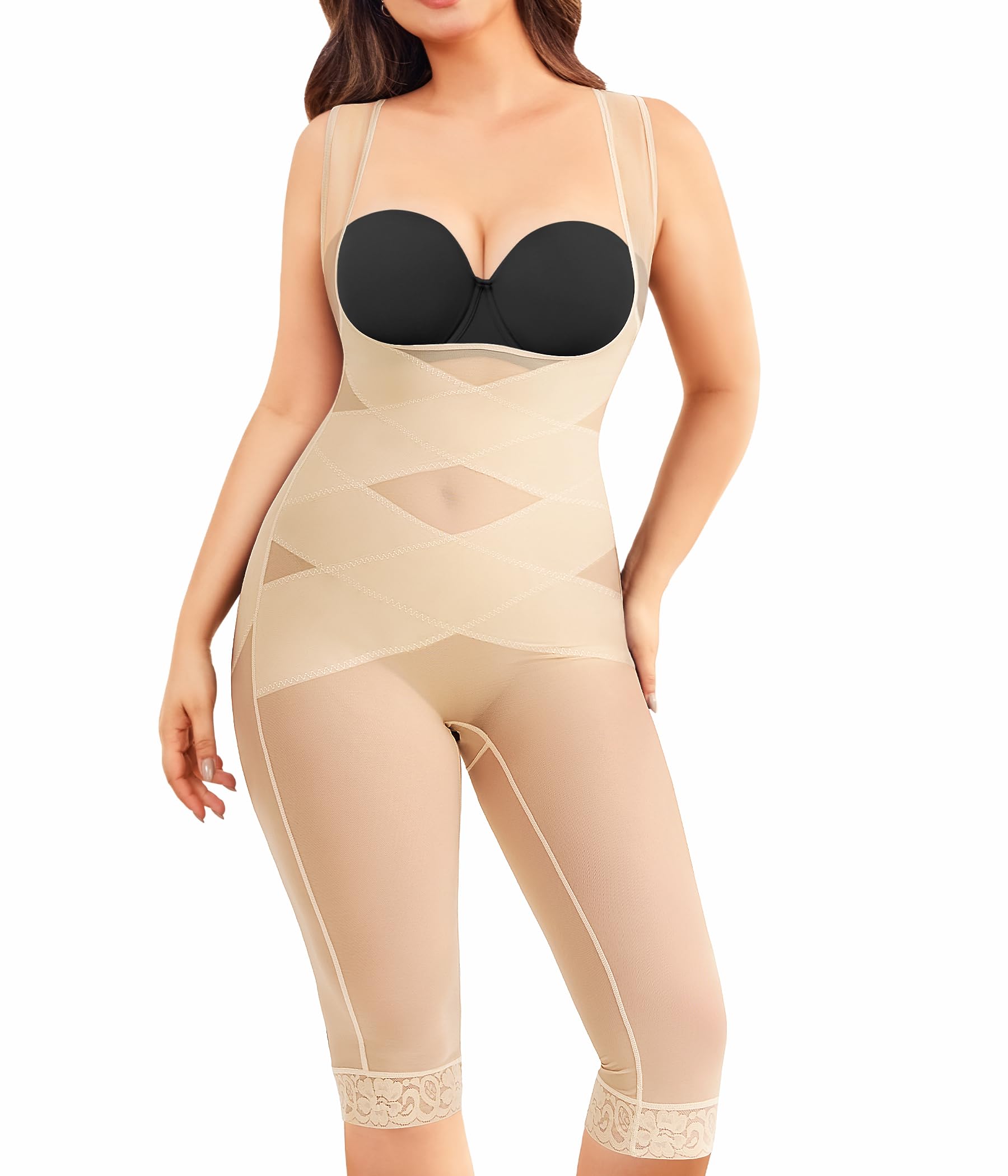 NebilityBodysuit for Women Tummy Control Shapewear Faja Body Shaper Waist Trainer Open Bust Mid-Thigh Bodysuit