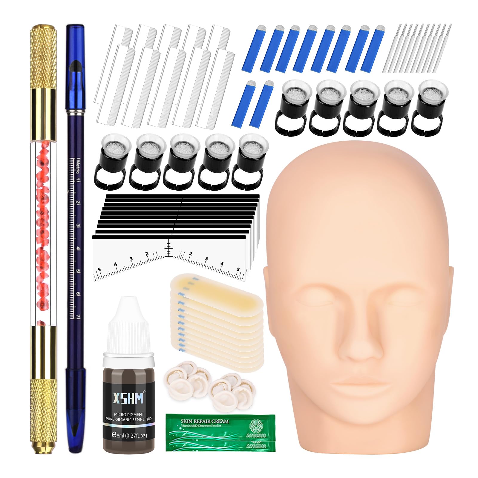 ATOMUS Microblading Practice Kit Golden Complete Semi Permanent Manual Pen kit Tool for Professional Mannequin Head 18U 3RL Eyebrow Microblades 10pcs Silicone Practice Eyebrow Patches