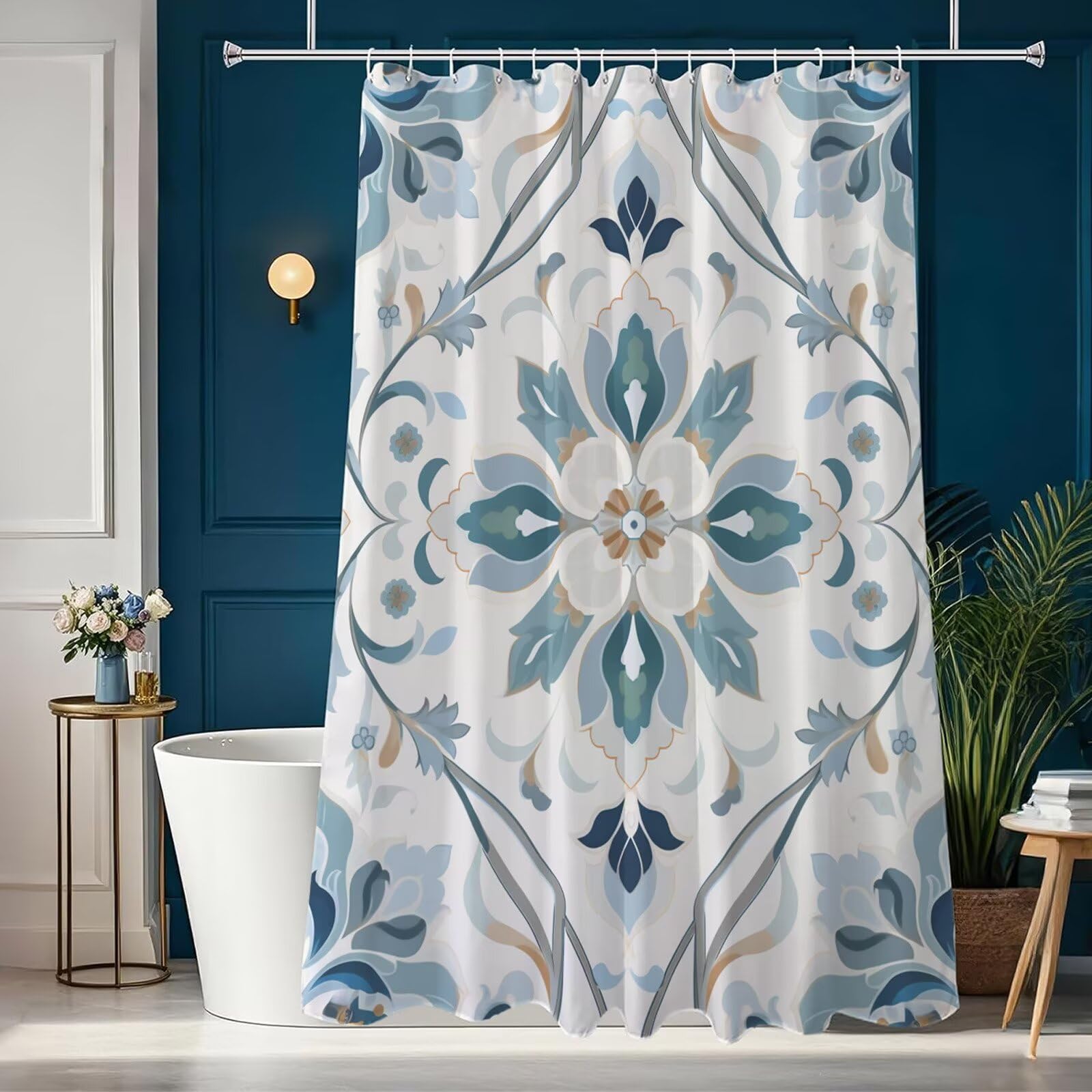 Wasserdichter Duschvorhang Anti-Schimmel 200x240 cm, Waschbar Schnelltrocknend Textil Stoff Polyester Duschvorhang Weiß Shower Curtain mit Gewicht und 12 Ringe für Badewanne, Badezimmer, Mandala J8-29