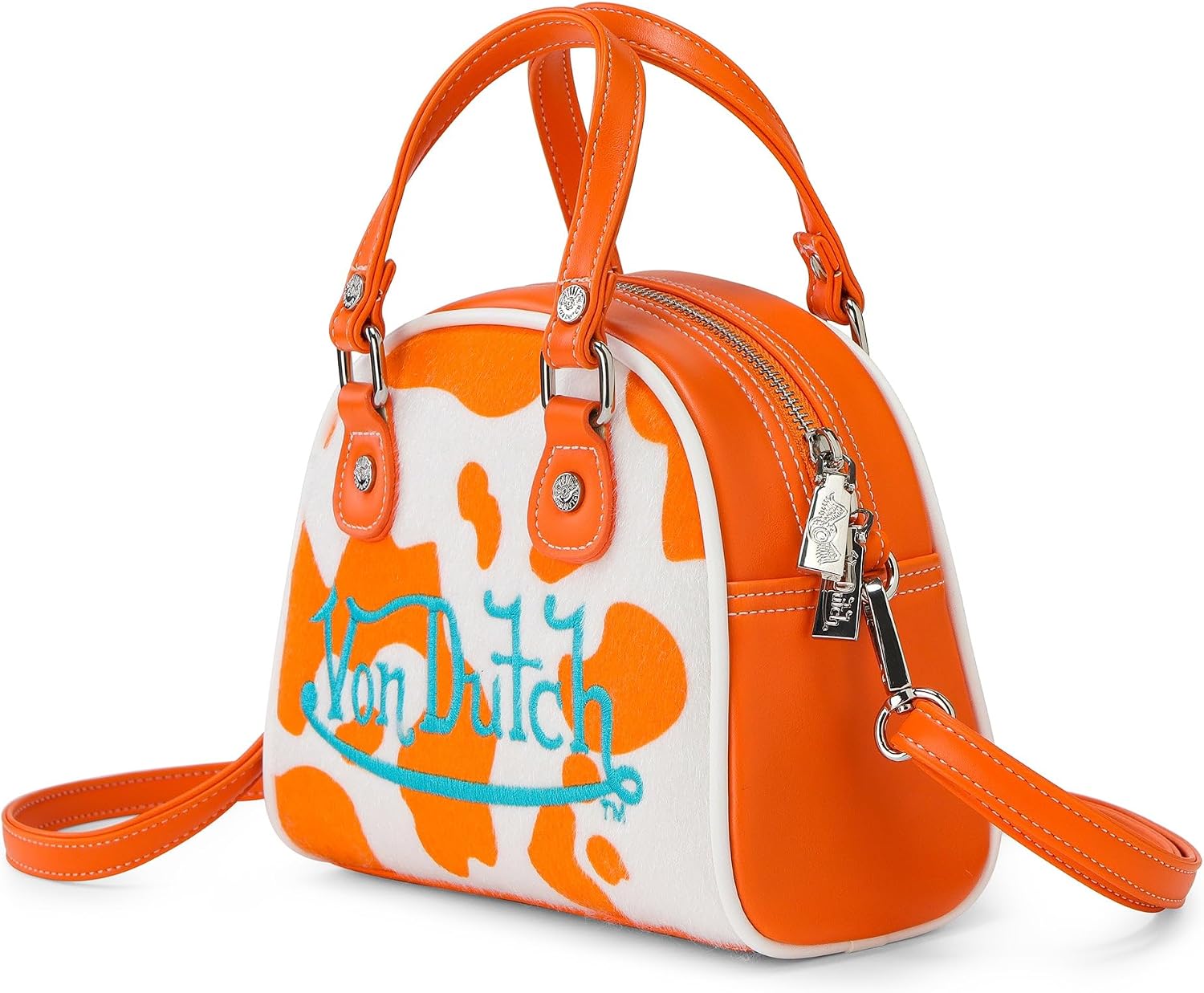 Von Dutch Womens Cow Print Bowling Bag – Stylish Women's Handbag with Adjustable Strap, Spacious Interior, and Vegan Faux Fur