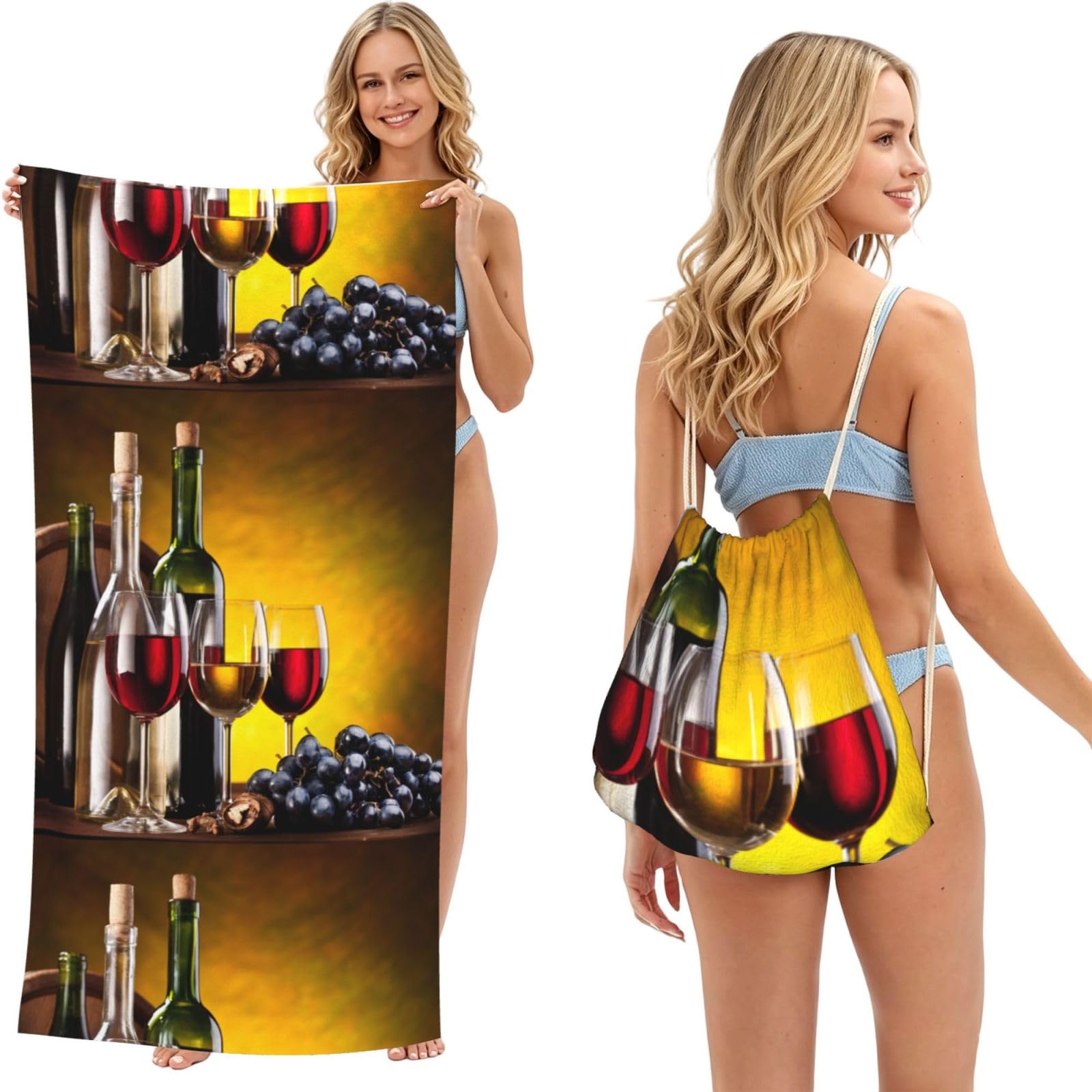 Poadnly As Picture Grapes Wine Bottles And Drink, 2 In 1 Packable Towel Bag, Beach Towels With Drawstring Backpack For Travel Holiday Camping