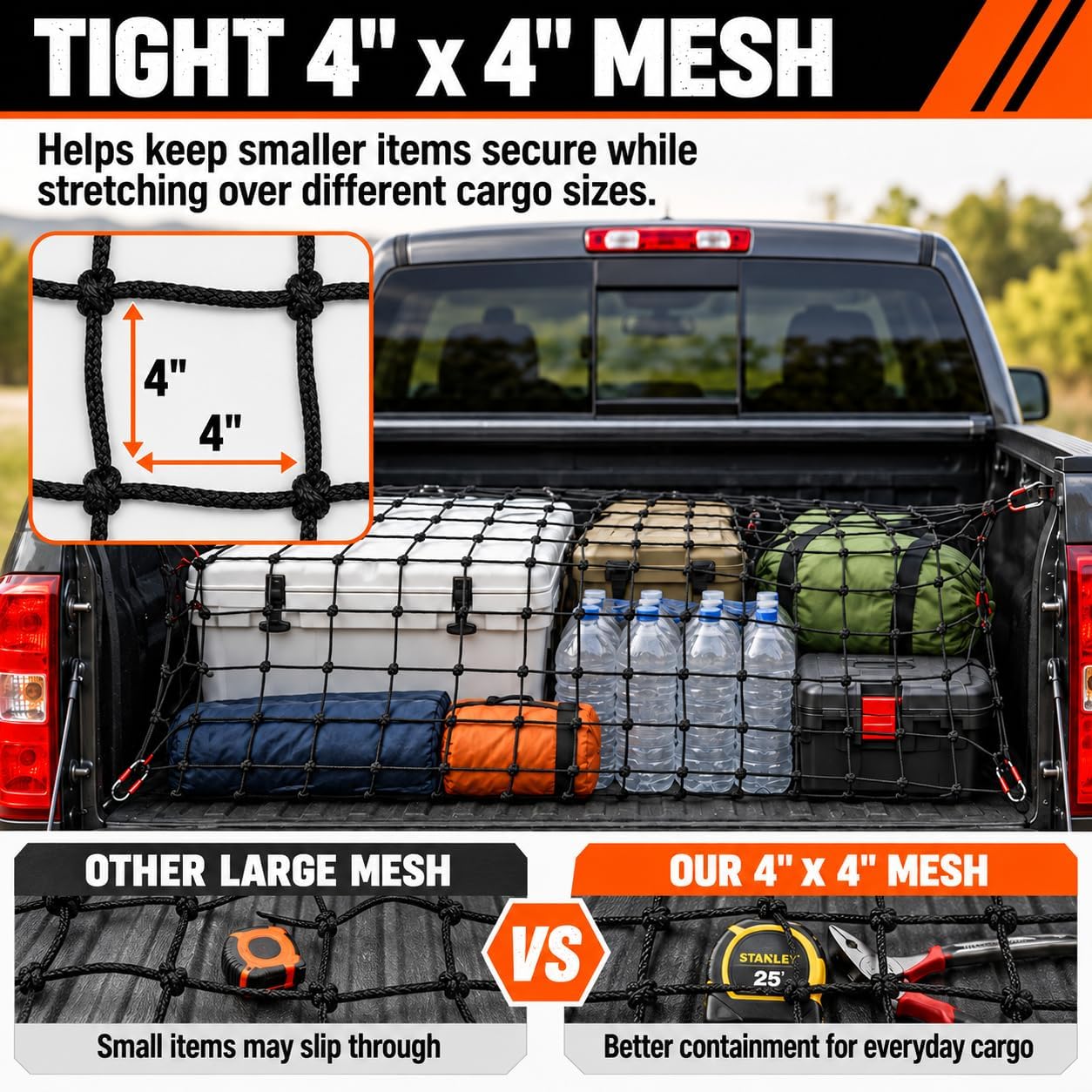 Cargo Net for Pickup Truck Bed, Heavy Duty Bungee Net with 12 Carabiners