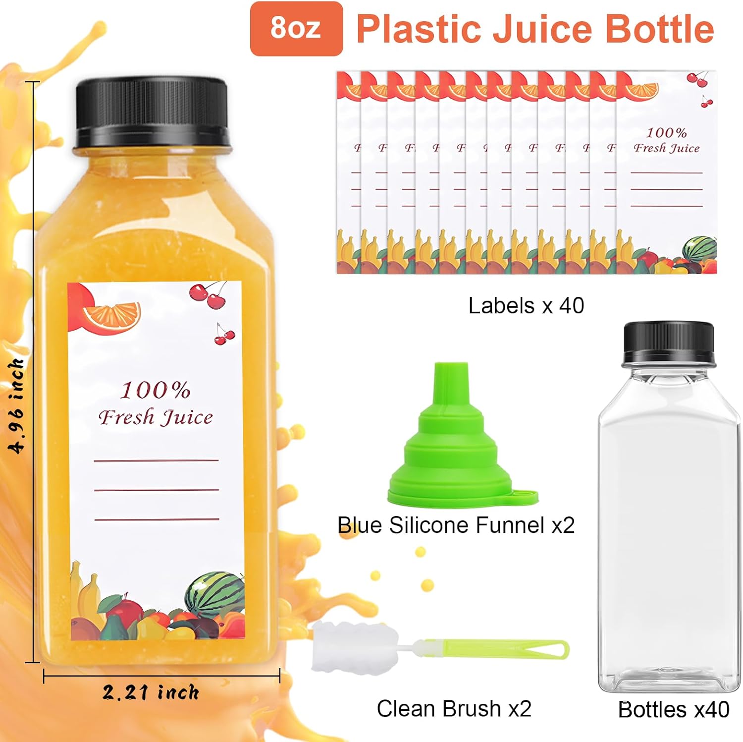 40 pcs 8oz Pcs Juice Bottles, Juice Bottle with Caps Reusable Empty Clear Bottles with Label, Funnel, Brush Bulk Beverage Containers for Juicing, Drinking, Smoothie and Other Beverages (8-OZ) - Image 3