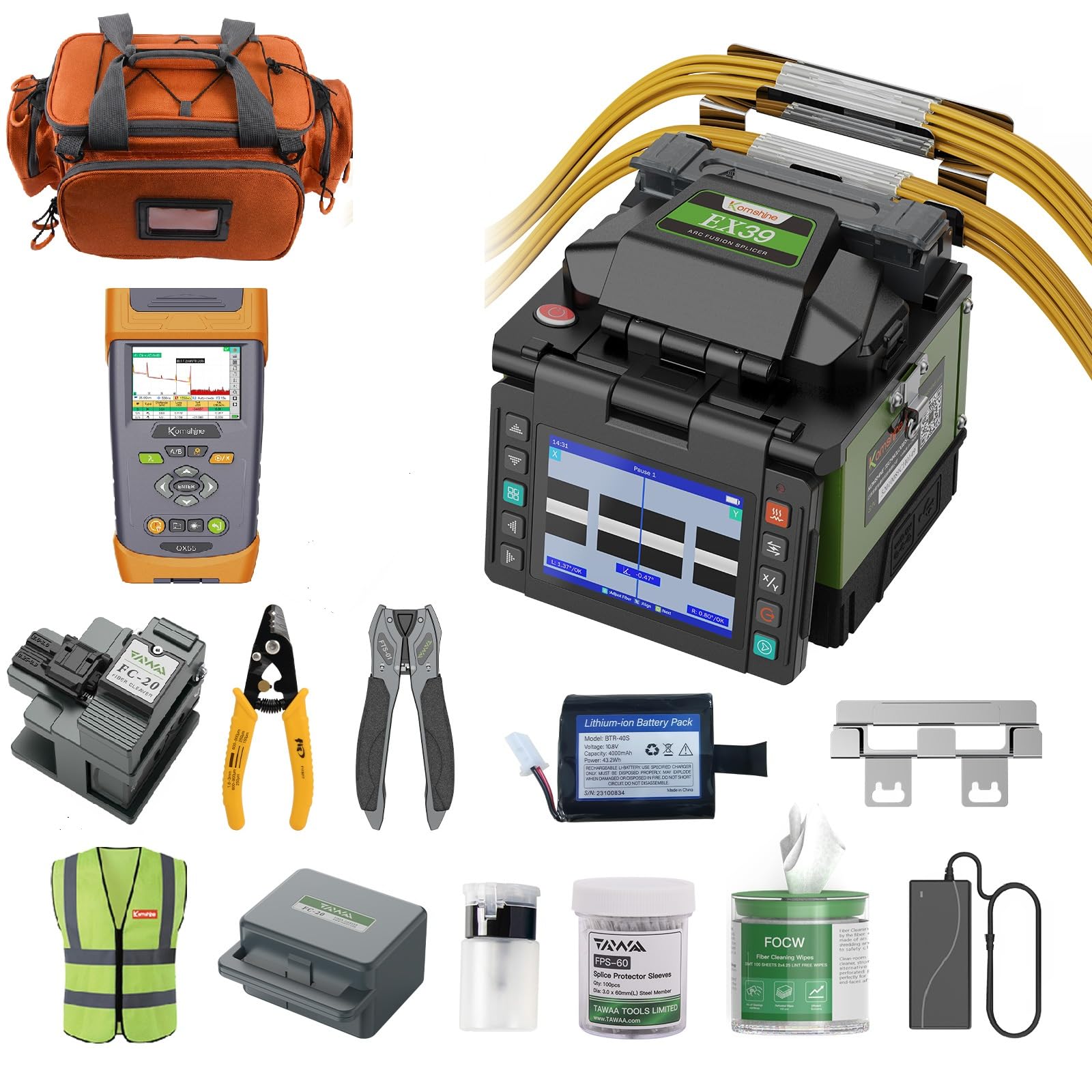 Komshine Optical Fusion Splicer EX39 FTTH Mini Fiber Fusion Splicer Machine Kit 8s Fast Splicing Fast-Heating 18s with Fiber Cleaver FC-20+ 1310/1550nm 32/30dB Singlemode OTDR Komshine QX55 Mini OTDR