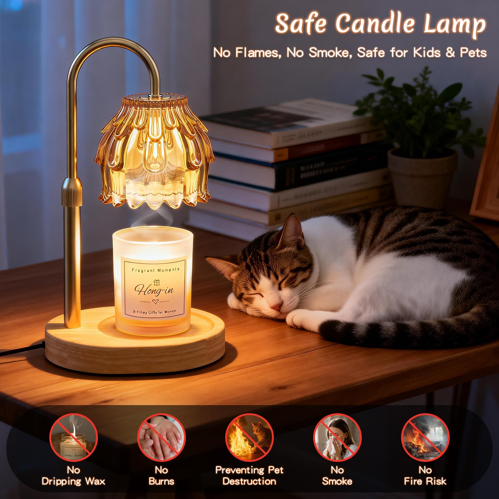 Lámpara Calentadora de Velas, Candle Warmer Lamp con Temporizador y Atenuador, Lámpara Calienta Velas Eléctrico con 2 Bombillas, Vela Lampara Perfumada Altura Ajustable para Hogar Decoración(Ambar)