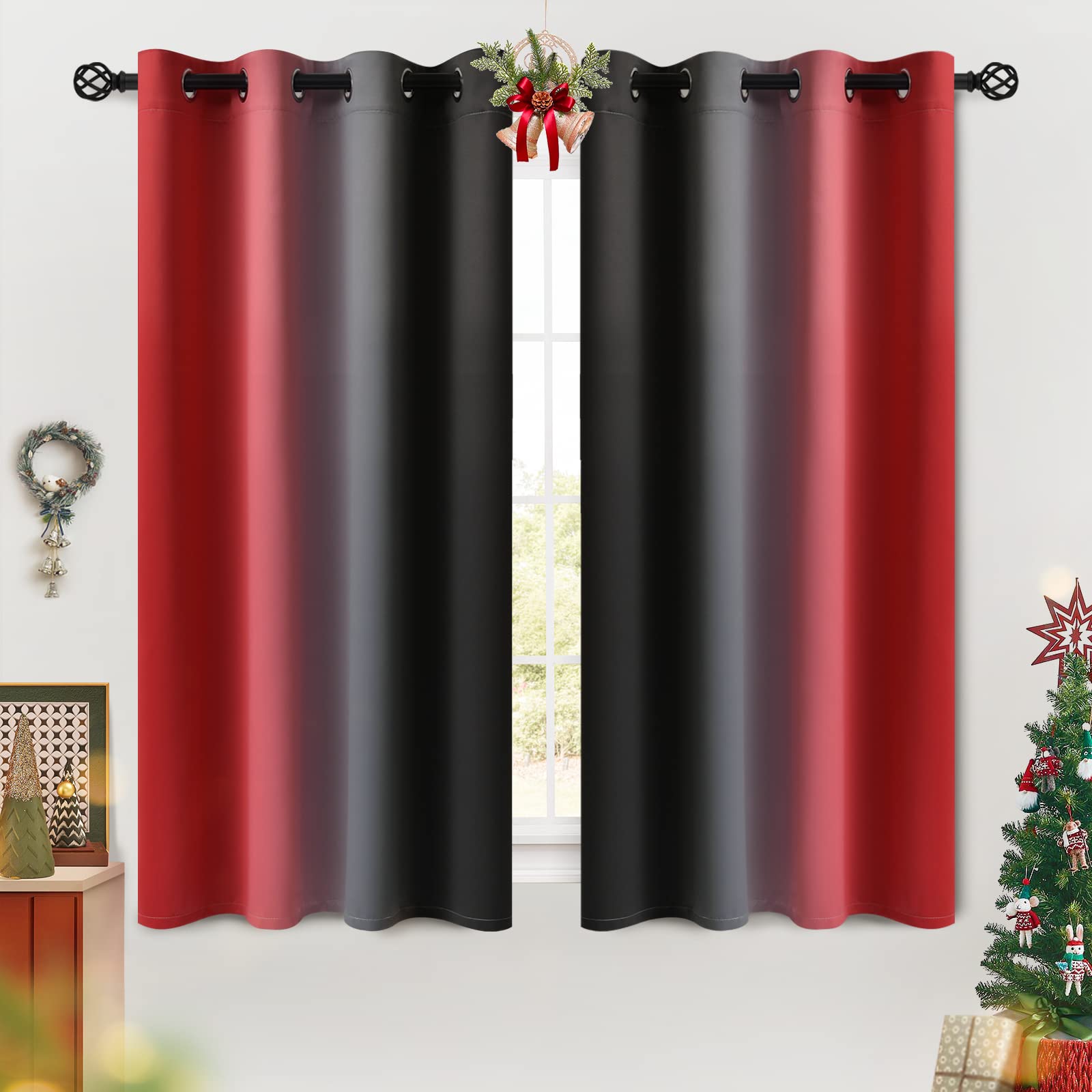 COSVIYA Grommet Ombre Room Darkening Curtains 54 inches Length for Kids Bedroom,Polyester Light Blocking Red and Black Gradient Window Drapes/Curtains for Living Room/Kitchen,2 Panels