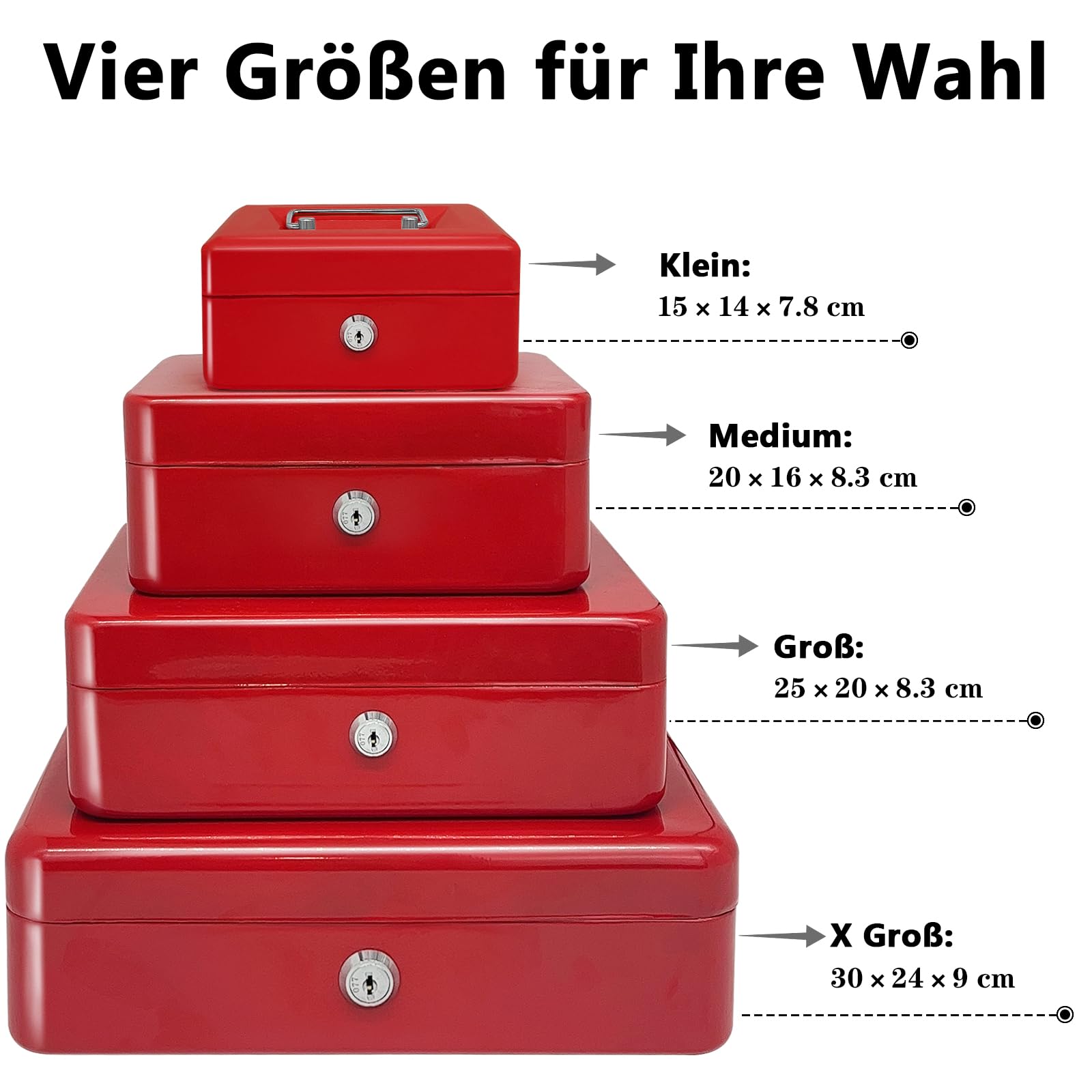 Stahlkassette mit Schlüsselschloss, Metall-Geldkassette mit Geldfach, Geldaufbewahrungsbox mit abschließbarem Deckel (Rot, 20 * 16 * 8.5 CM)