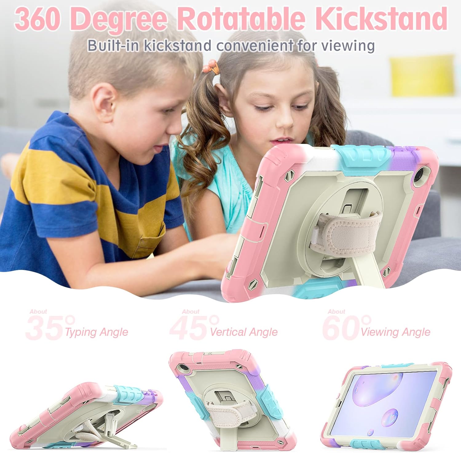 Heavy Duty Shockproof TPU Case for Samsung Galaxy Tab A 8.4 SM-T307/T307U 2020 Kids Case,Rugged Dropproof Protective Cover W Screen Protector+Rotating Kickstand+Handle+Shoulder Strap,Pink