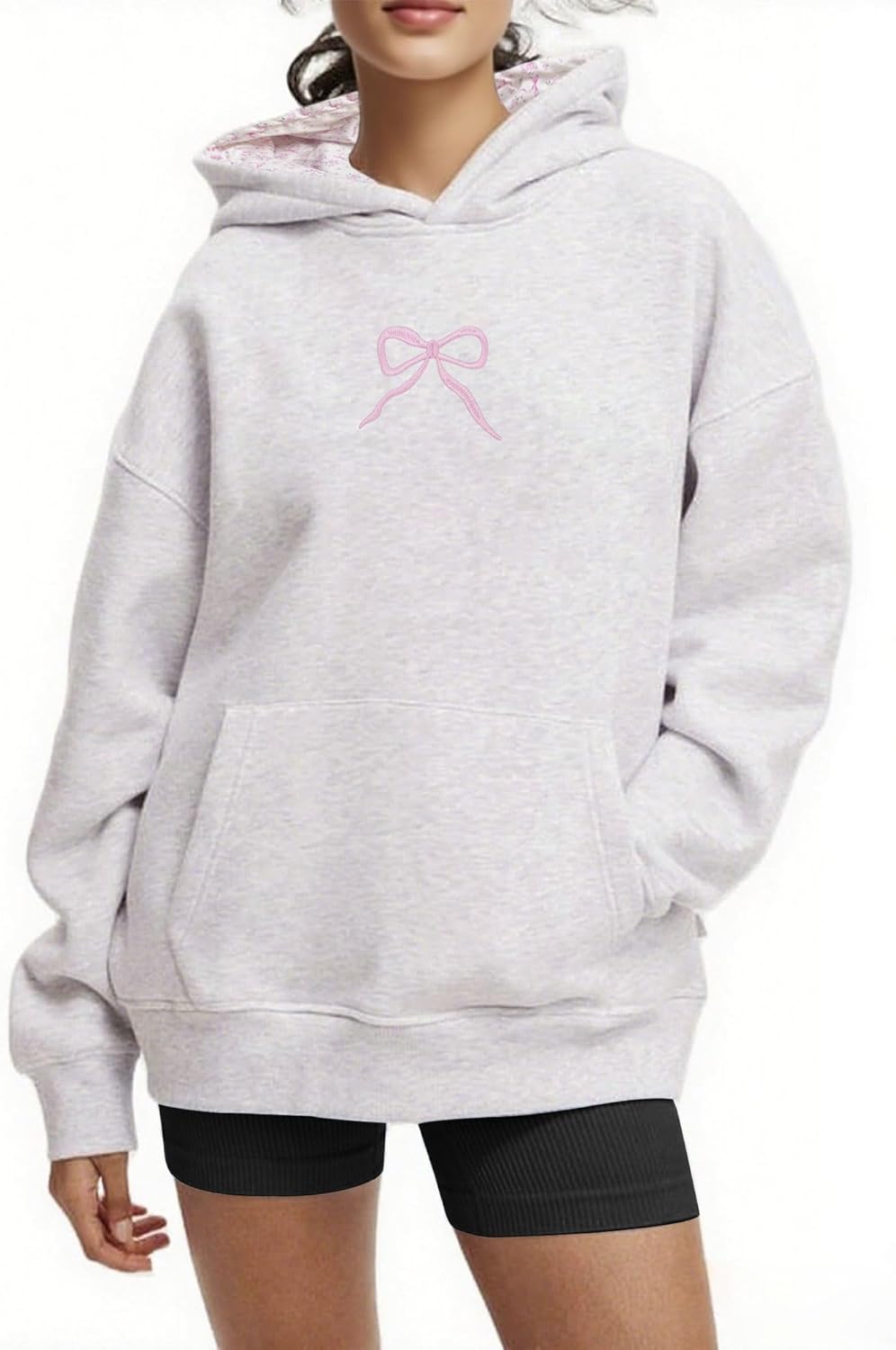 Baonmy Hoodie for Women Bow Embroidery Oversized Cute Graphic Hoodie Preppy Sweatshirts Y2K Long Sleeve Trendy Pullover Tops