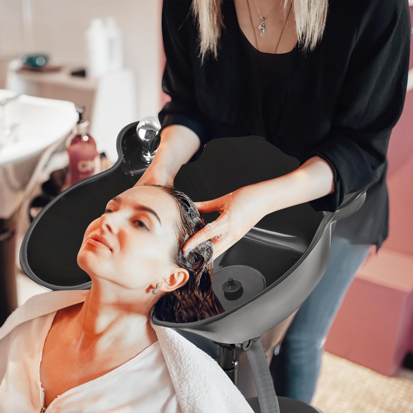 Tragbares Friseurwaschbecken, Mobiles Friseur Waschbecken, Waschplatz, Kopfwaschbecken, 1,05-1,4 m Höhenverstellbar, Haarwaschbecken für Bettlägerige