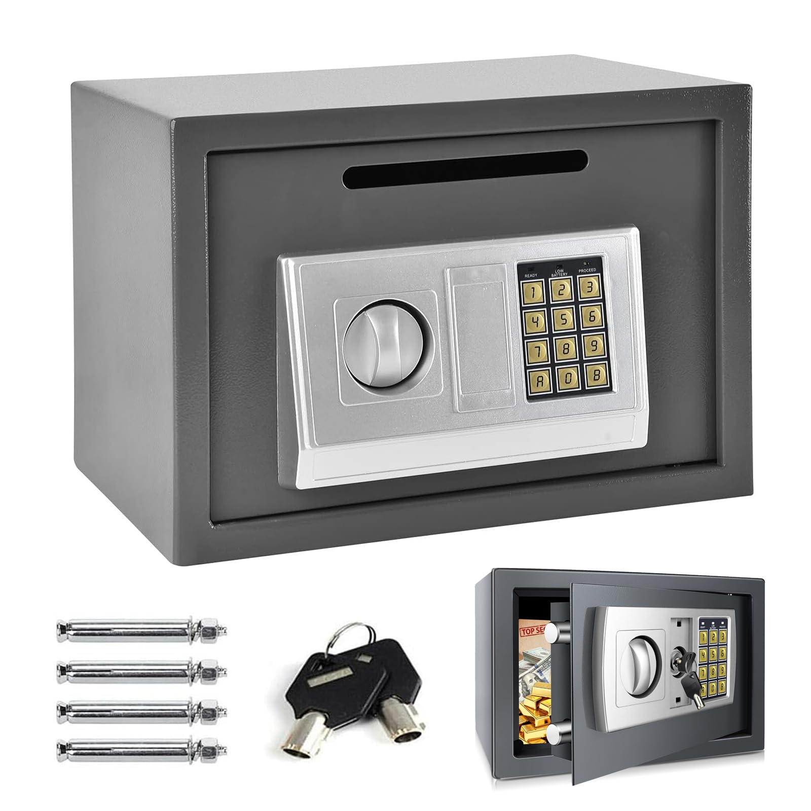 16L Large Digital Fireproof Safe Box Electronic Security Steel Safe Home Office Money Cash Safety Wall Box with Digital Keypad & 2 Keys, Personal Safes for Money Document Jewelry Passport Gun, Grey
