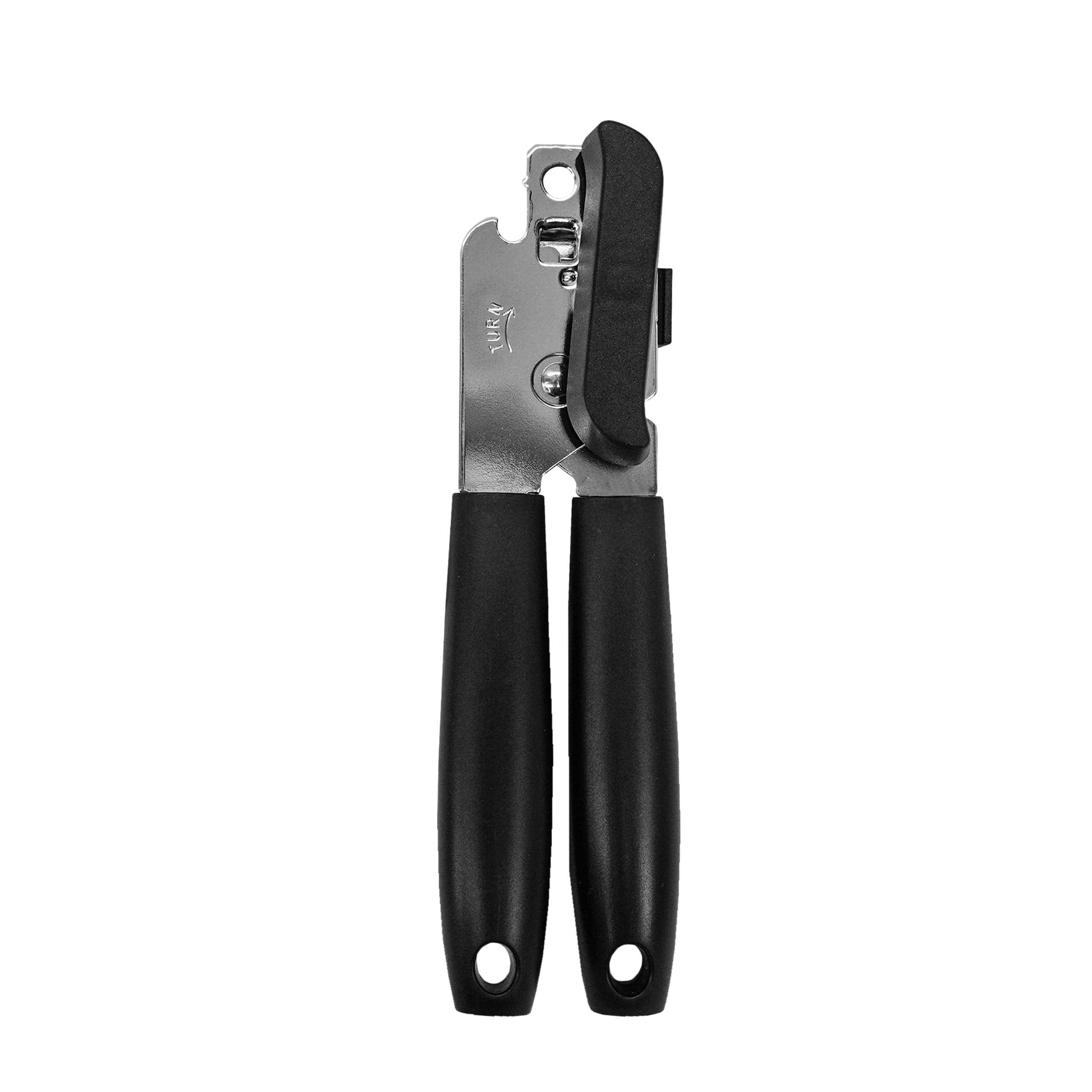 INITIAL Can Opener Stainless Steel, Plastic Handle, Food Safe Handheld Manual Tin Opener, Multifunctional with Bottle Cap Opener, Comfortable Handle, Sharp Cutting Blades, Black, 20cm