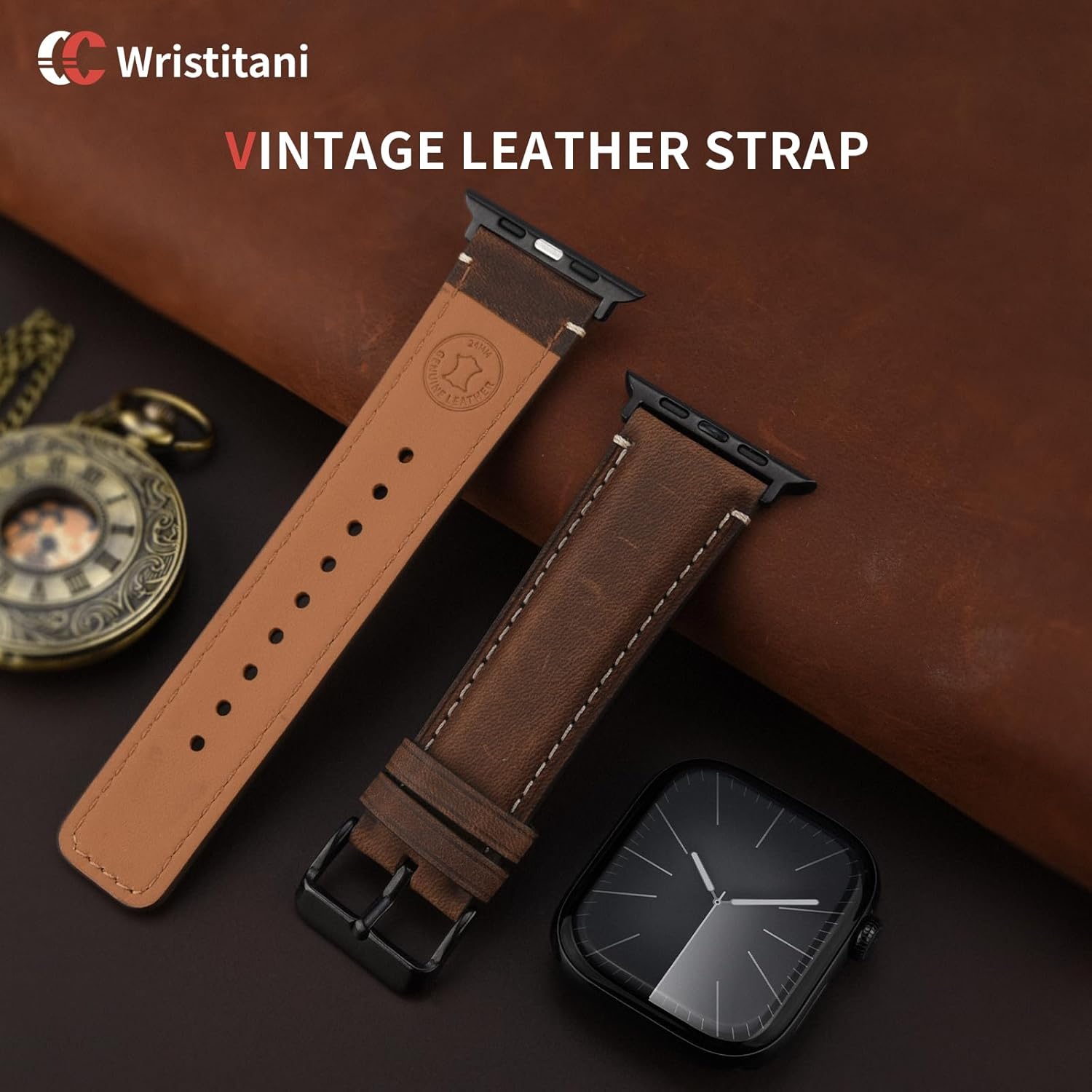 Wristitani Leather Bands Compatible With Apple Watch Bands 44mm 45mm 46mm 49mm 40mm 41mm 42mm for Men,Genuine Leather Replacement Straps for iWatch Ultra3/2/1 SE3/2/1 Series 11/10/9/8/7/6/5/4 - Image 3