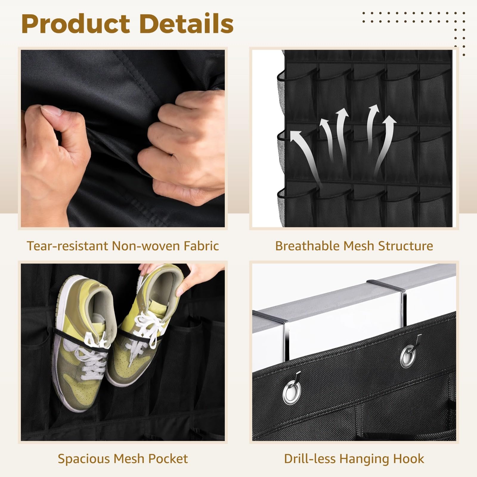 3 piezas de zapatos para colgar en la puerta con 35 kets, bolsas de malla Lar para zapatos y botas, carreras no tejidas que ahorran espacio, ures de 27.5 x 65 pulgadas, maximiza el espacio del armario