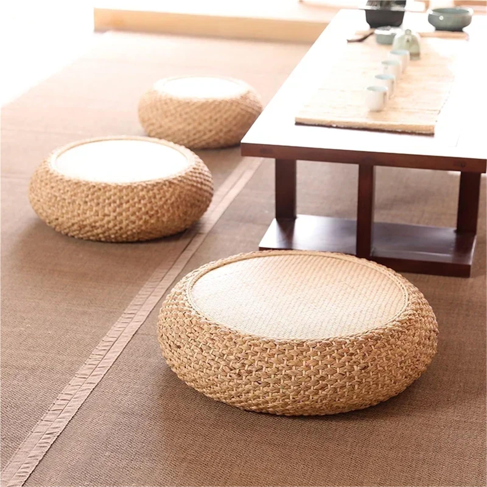 Pouf en Paille tissé, Tapis Tatami, Coussins de Sol Ronds, Coussin méditation rotin, siège Confortable for Yoga Coussin Méditation(Type2,40x40cm)