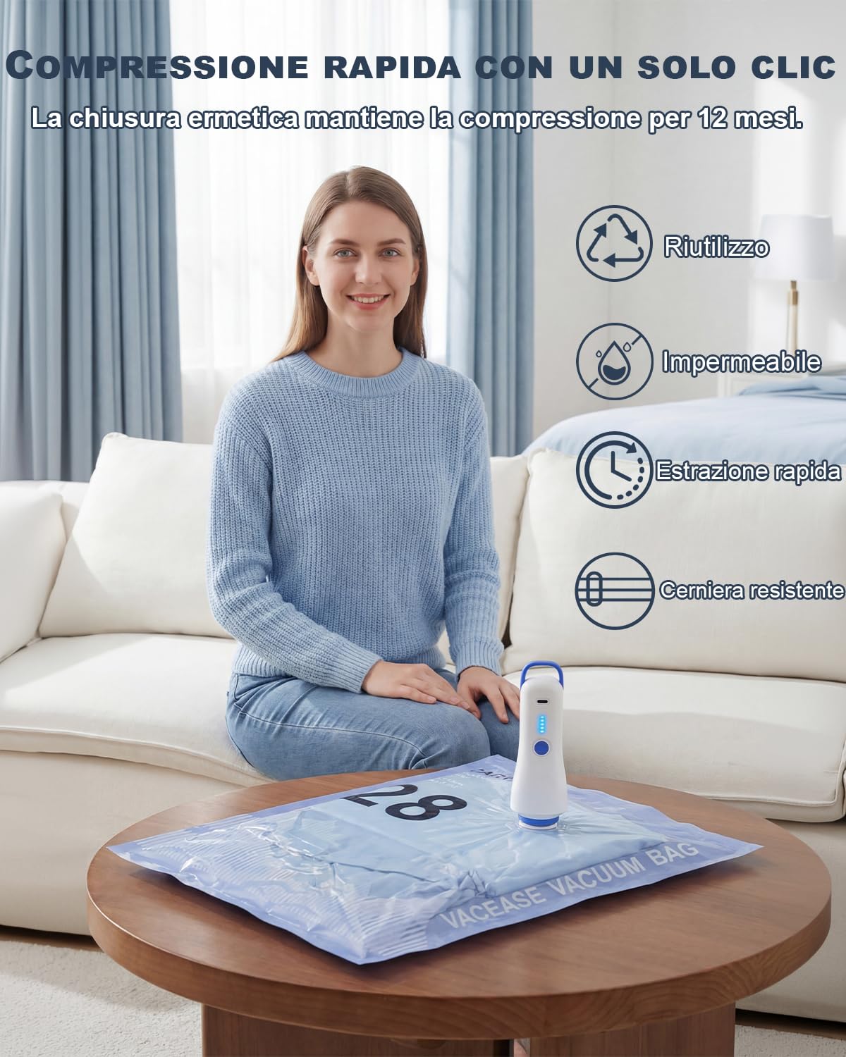 Sacchetti Sottovuoto Vestiti con Pompa Elettrica, 8 Buste Sottovuoto Vestiti (4 * 100x80cm, 4 * 74x54cm), Sacchi Sottovuoto Vestiti per Viaggi, Traslochi e Stoccaggio