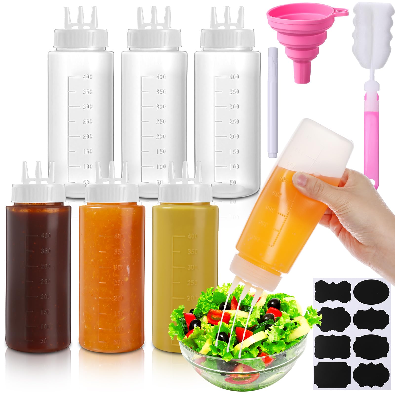LemonRoad 6 Pcs 3 Hole Squeeze Bottles for Sauces Plastic Condiment Squeeze Bottles Tomato Sauce Ketchup Dispensers Salad Dressing Container Squirt for Oil BBQ Paint Pancake Craft (14 Oz/ 400 ml)