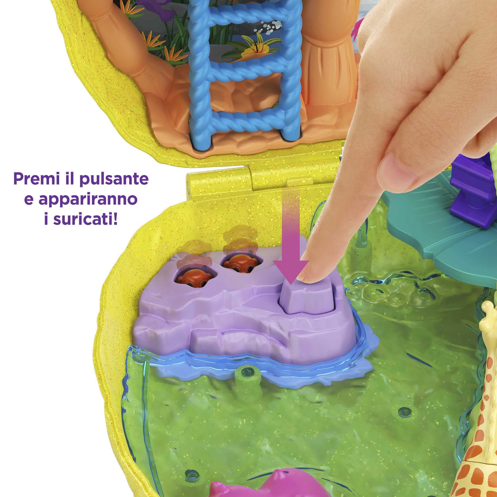 Polly Pocket Tropicool Ananas compatto borsetta da indossare con 8 simpatiche sorpresa, micro Polly e Lila, 2 accessori e foglio sticker; dai 4 anni in su, giallo, GKJ64