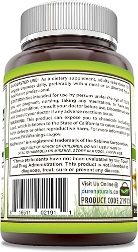 Miniatura 6 de Pure Naturals Curcumina de cúrcuma con bioperina 2250 mg por porción suplemento Cápsulas vegetales Sin OMG Sin gluten Fabricado en Estados