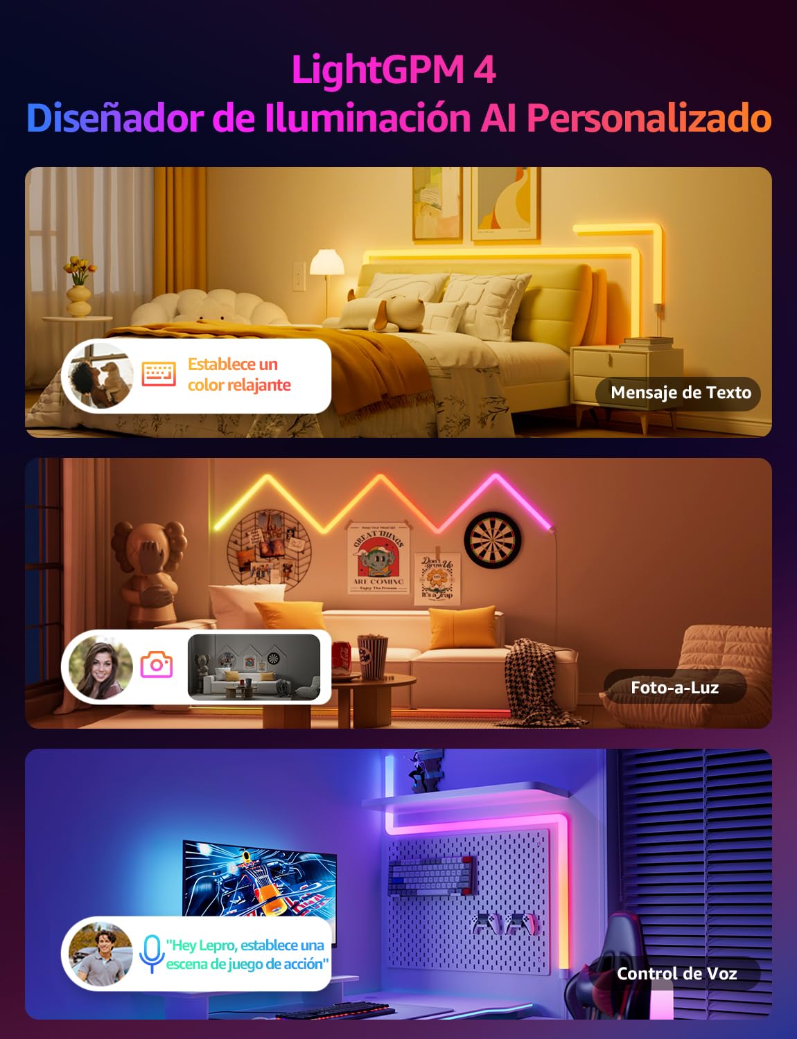 Lepro WL1 AI Barras de Luz LED Pared Inteligente, Funciona con Alexa y Google Home para Sala de Juego y PC Decoración, Diseñador de Iluminación AI Personalizado, Sync de Música y Control de Voz, 6Pcs