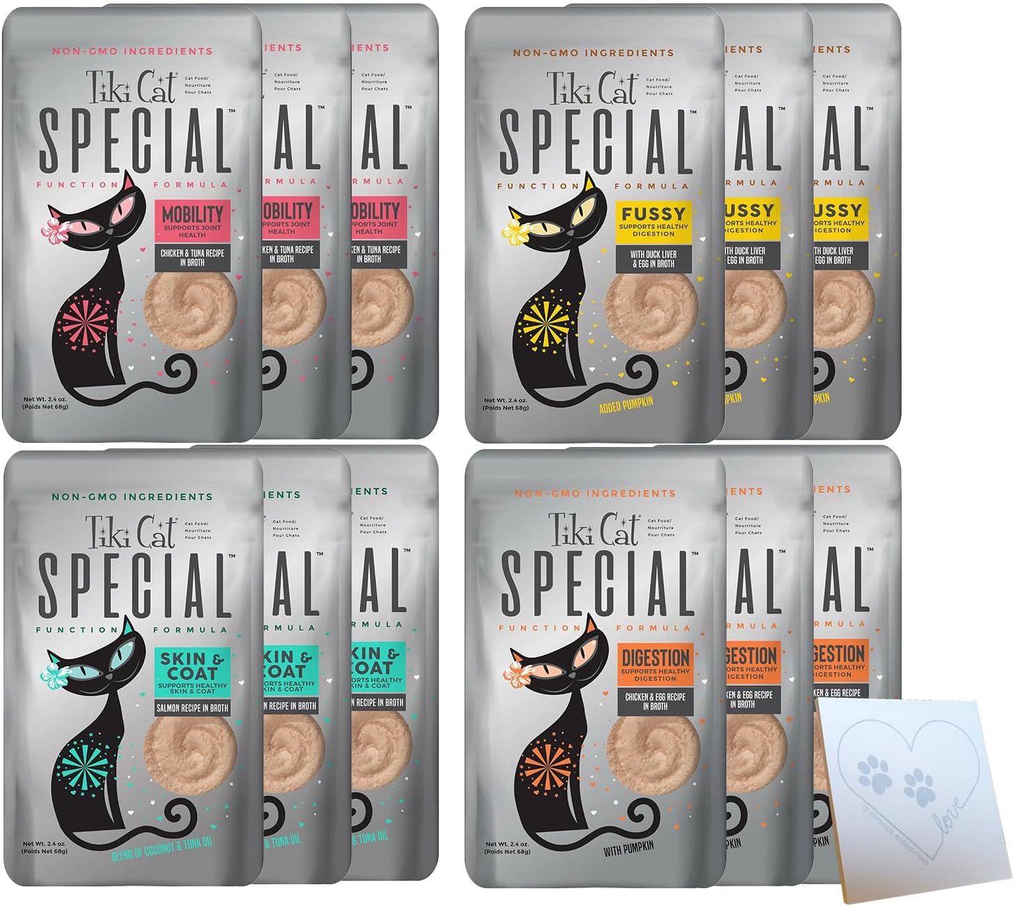 Variety Pack for Tiki-Cat-Special-Mousse - Formulated to Improve Digestion, Skin & Coat, and Mobility - 4 Flavors: Chicken & Tuna, Salmon, Duck Liver, and Chicken & Egg. (2.4oz Each, 12 Total)