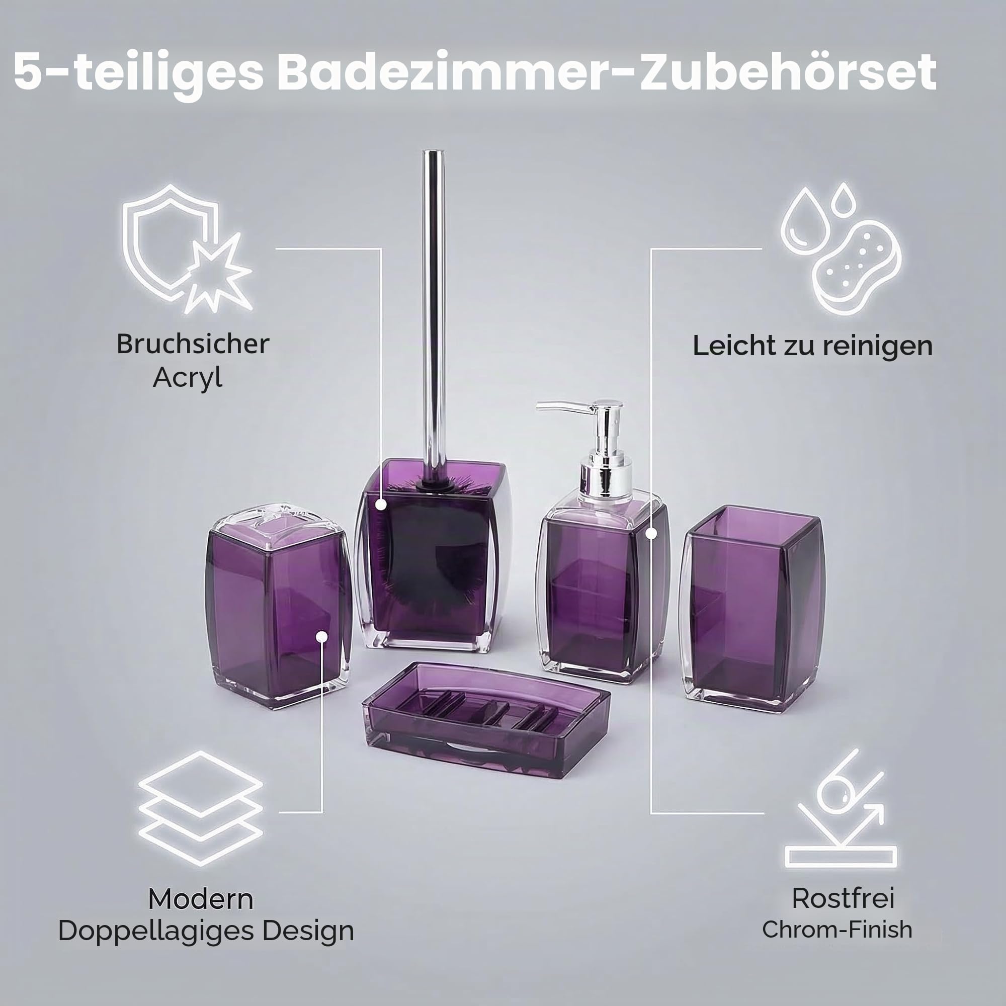 5-teiliges Badezimmerzubehör-Set aus Kunstharz/Acryl, Lotion/Seifenspender, Seifenschale, Zahnbürstenhalter, Becher, WC-Bürste und Halter, modernes Badezimmer-Dekor und Geschenk-Set, Violett