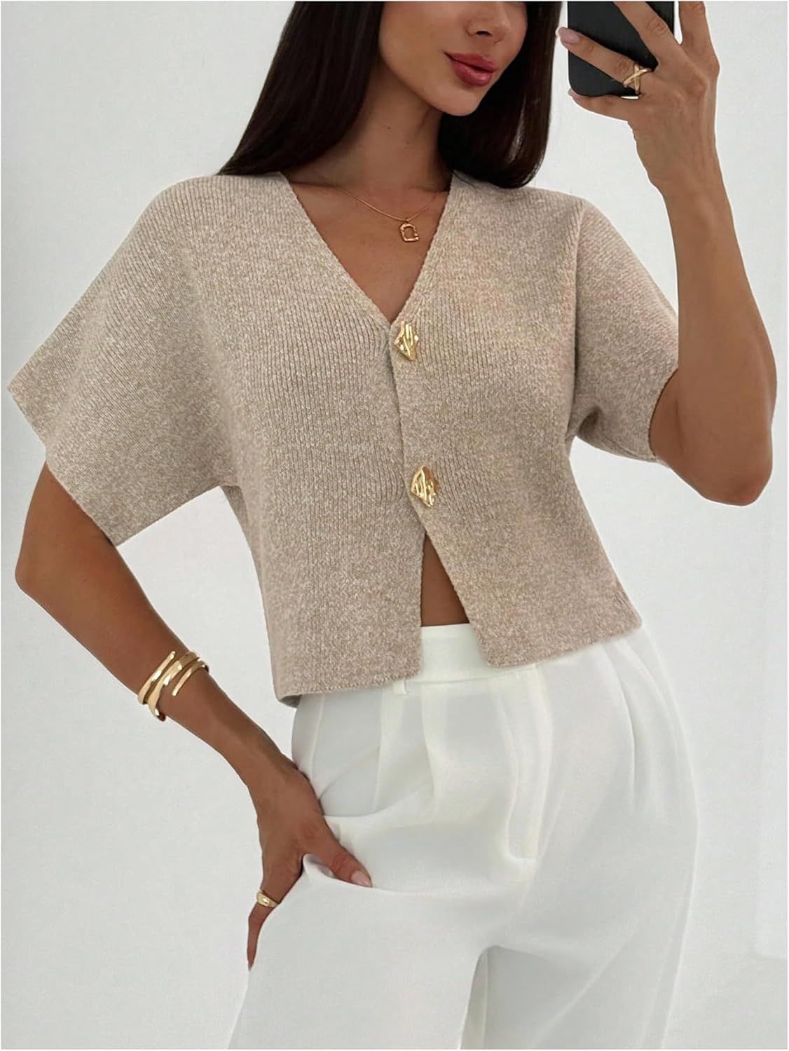 SOLY HUX Women's Short Sleeve Office Spring Winter Cardigan Sweater Button Down V Neck Slim Fit Elegant Knit Tops - Image 4